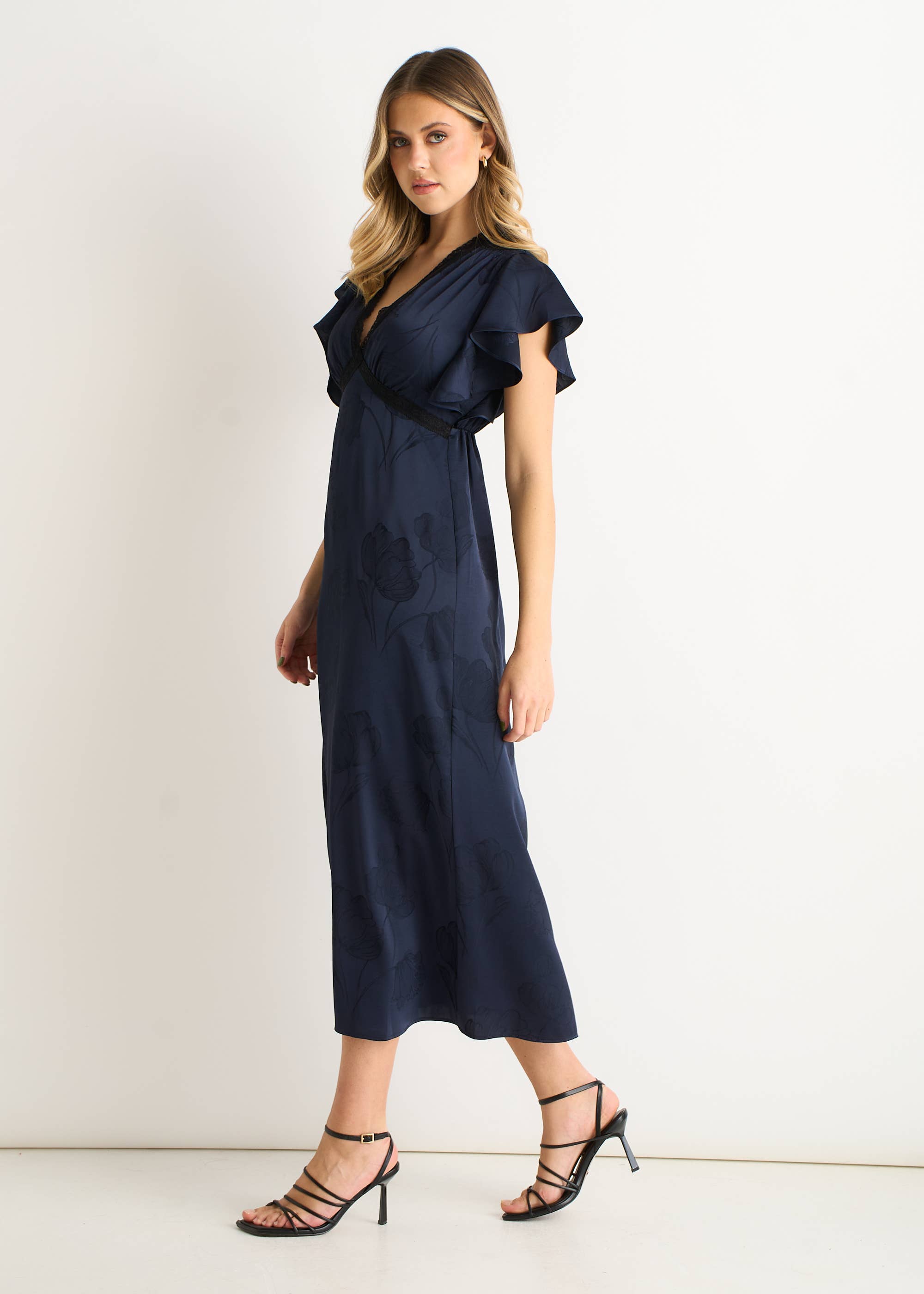 Navy Floral Satin Jacquard Lace Trim Midi Dress