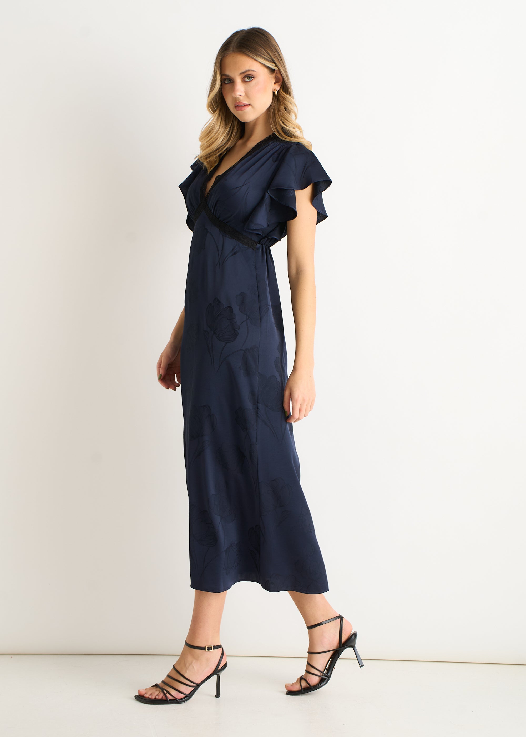 Navy Floral Satin Jacquard Lace Trim Midi Dress
