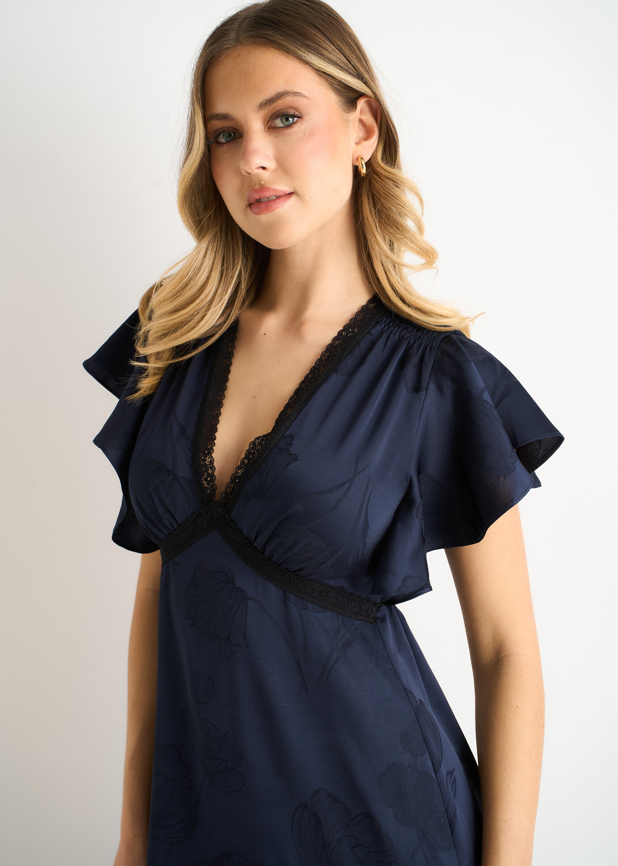 Navy Floral Satin Jacquard Lace Trim Midi Dress