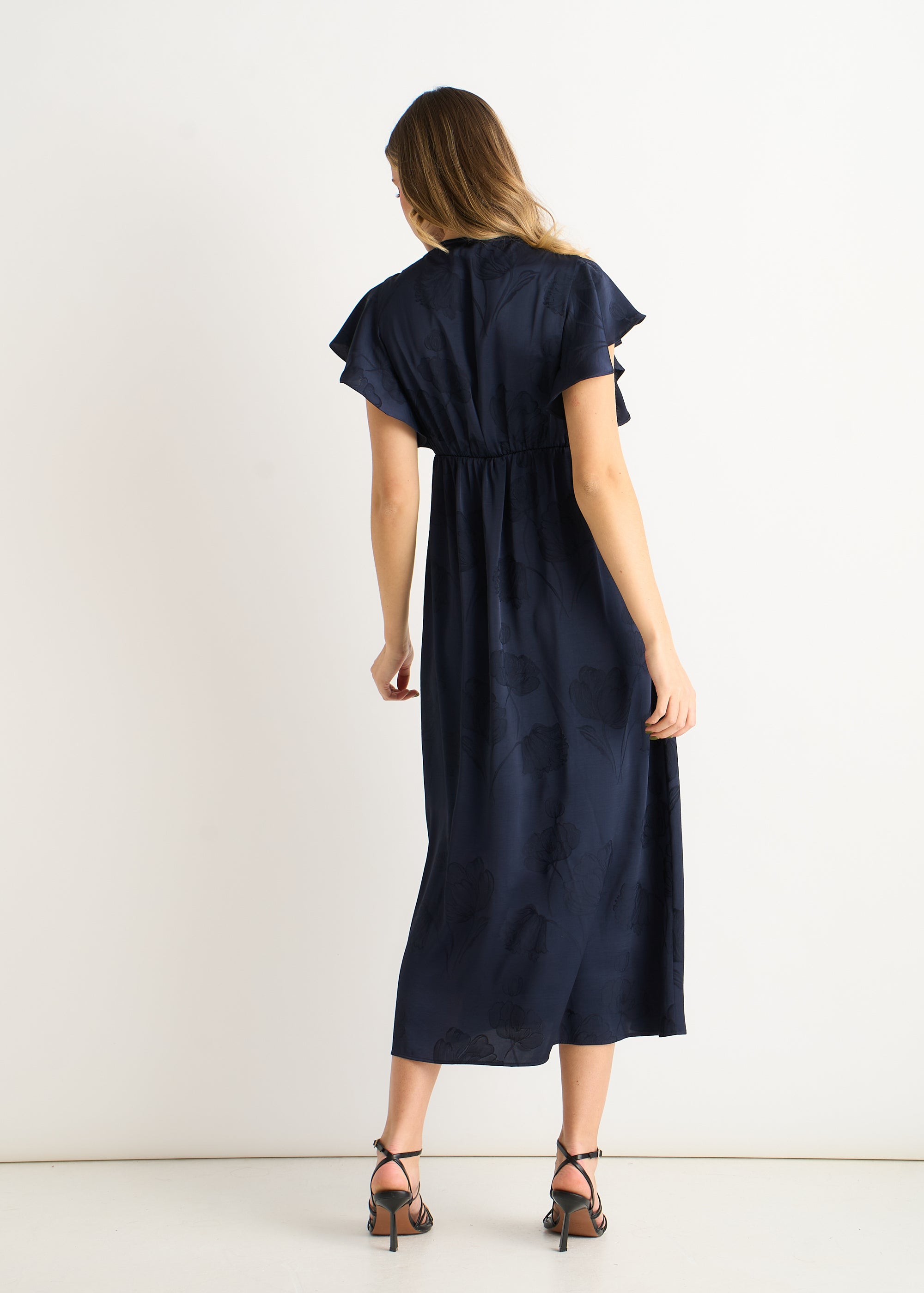 Navy Floral Satin Jacquard Lace Trim Midi Dress