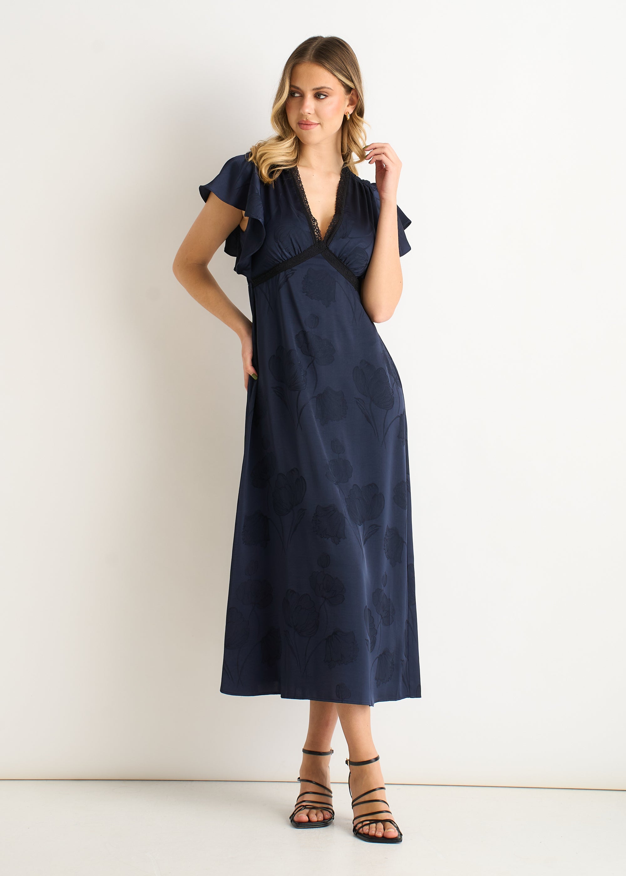 Navy Floral Satin Jacquard Lace Trim Midi Dress