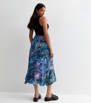 Blue Animal Print Ruffle Wrap Midi Skirt