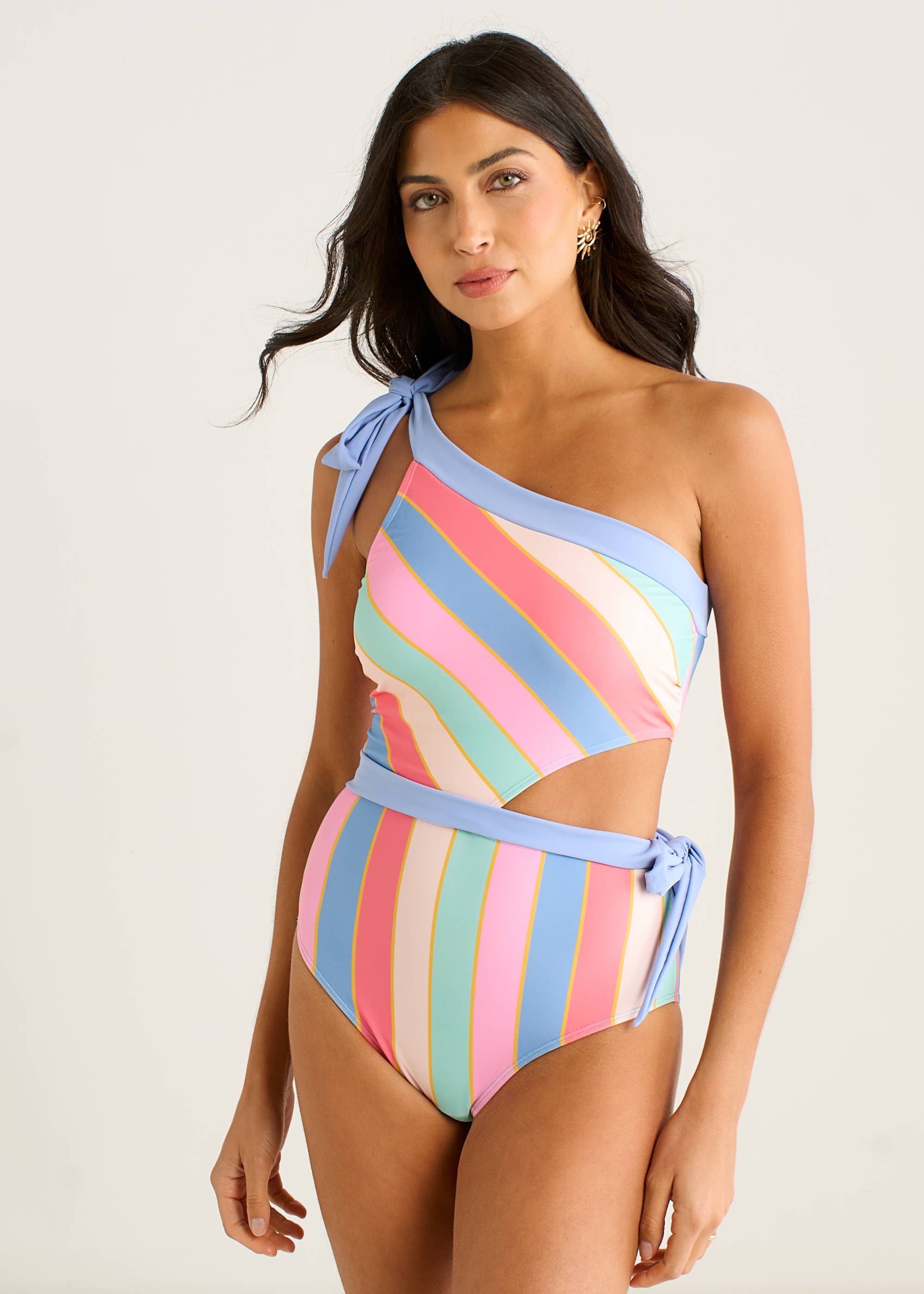 Multi Stripe Tie Detail One Shoulder Swimsuit