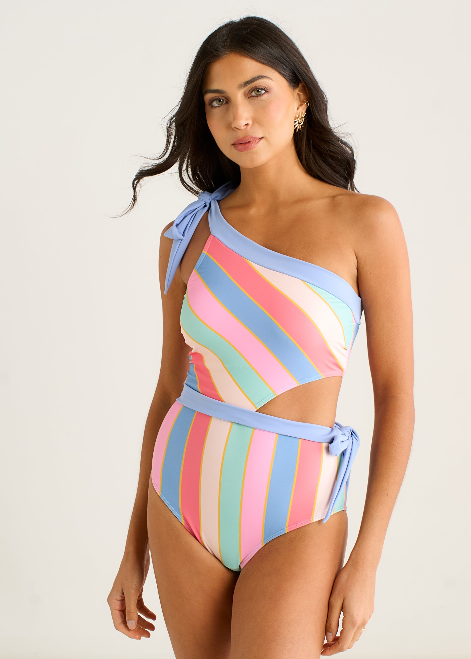 Multi Stripe Tie Detail One Shoulder Swimsuit