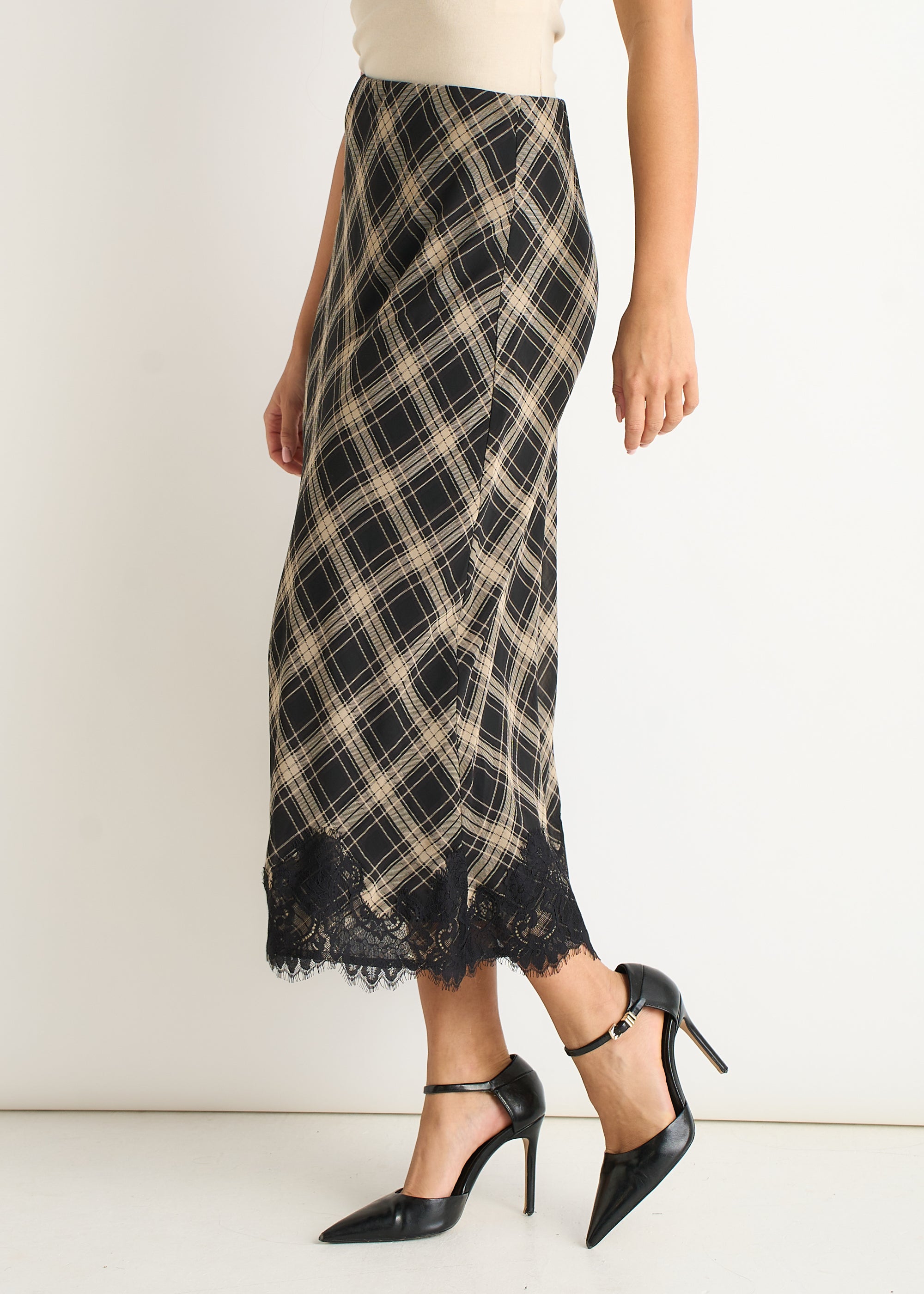 Mono Elegant Check Contrast Lace Detail Bias Skirt