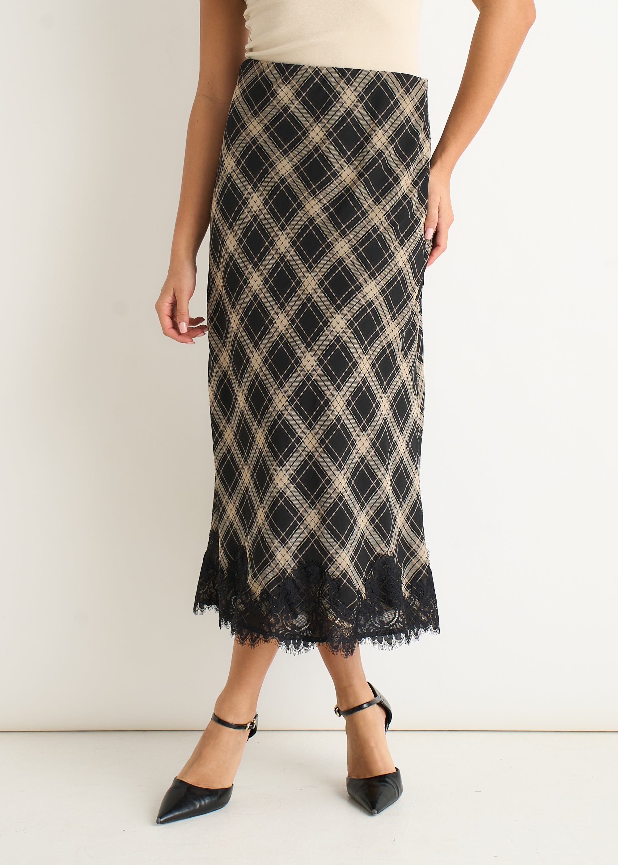 Mono Elegant Check Contrast Lace Detail Bias Skirt
