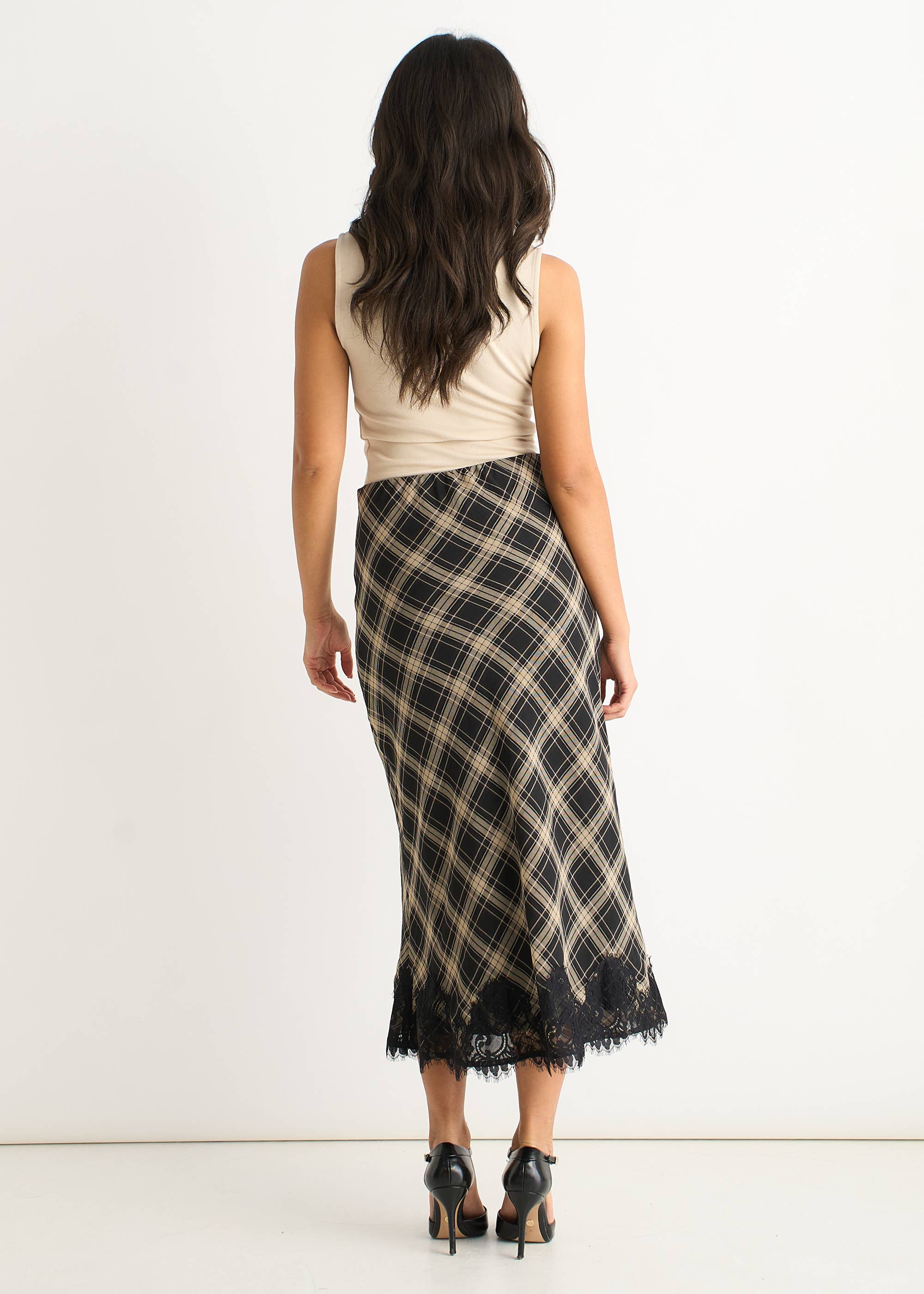 Mono Elegant Check Contrast Lace Detail Bias Skirt