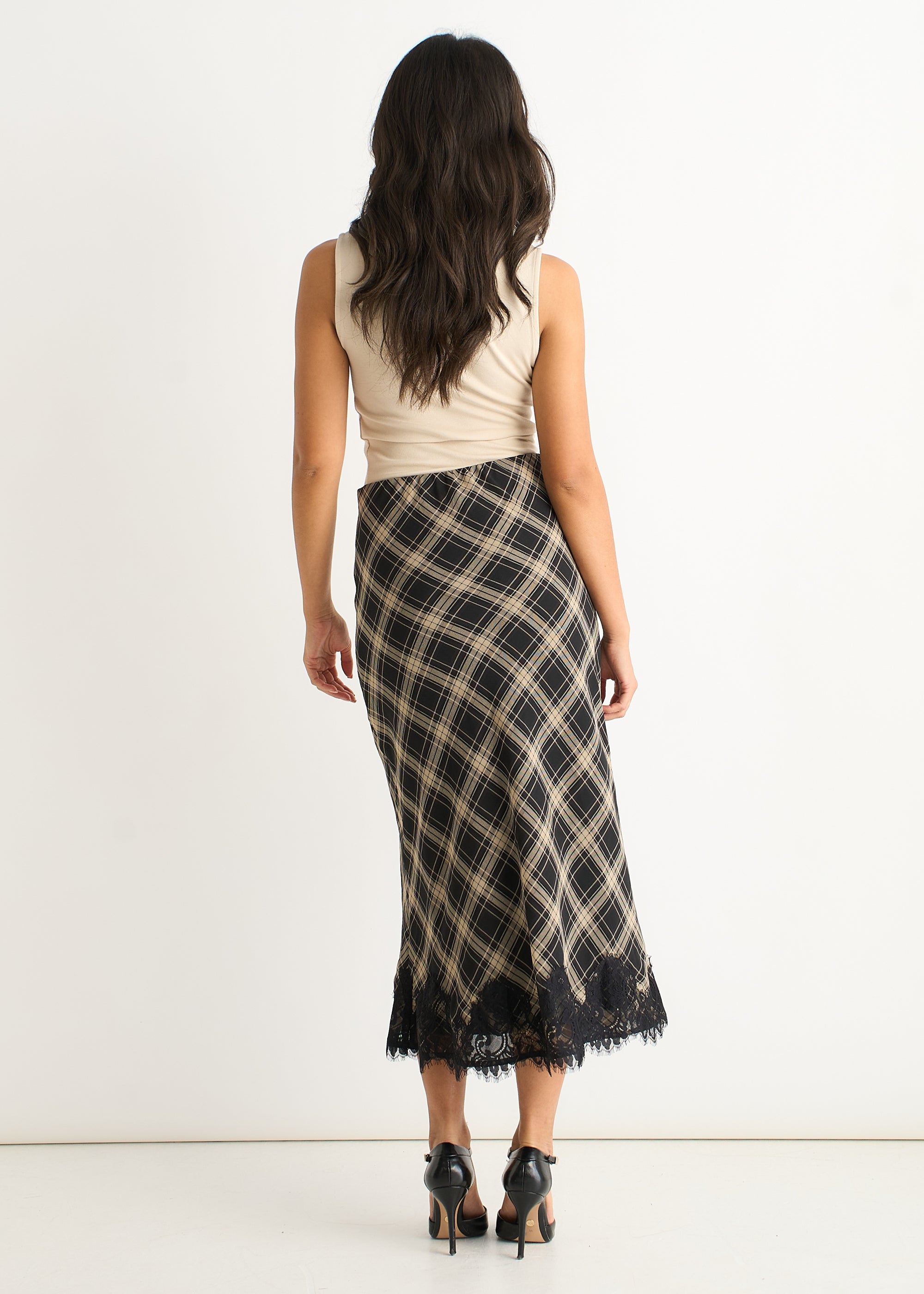 Mono Elegant Check Contrast Lace Detail Bias Skirt