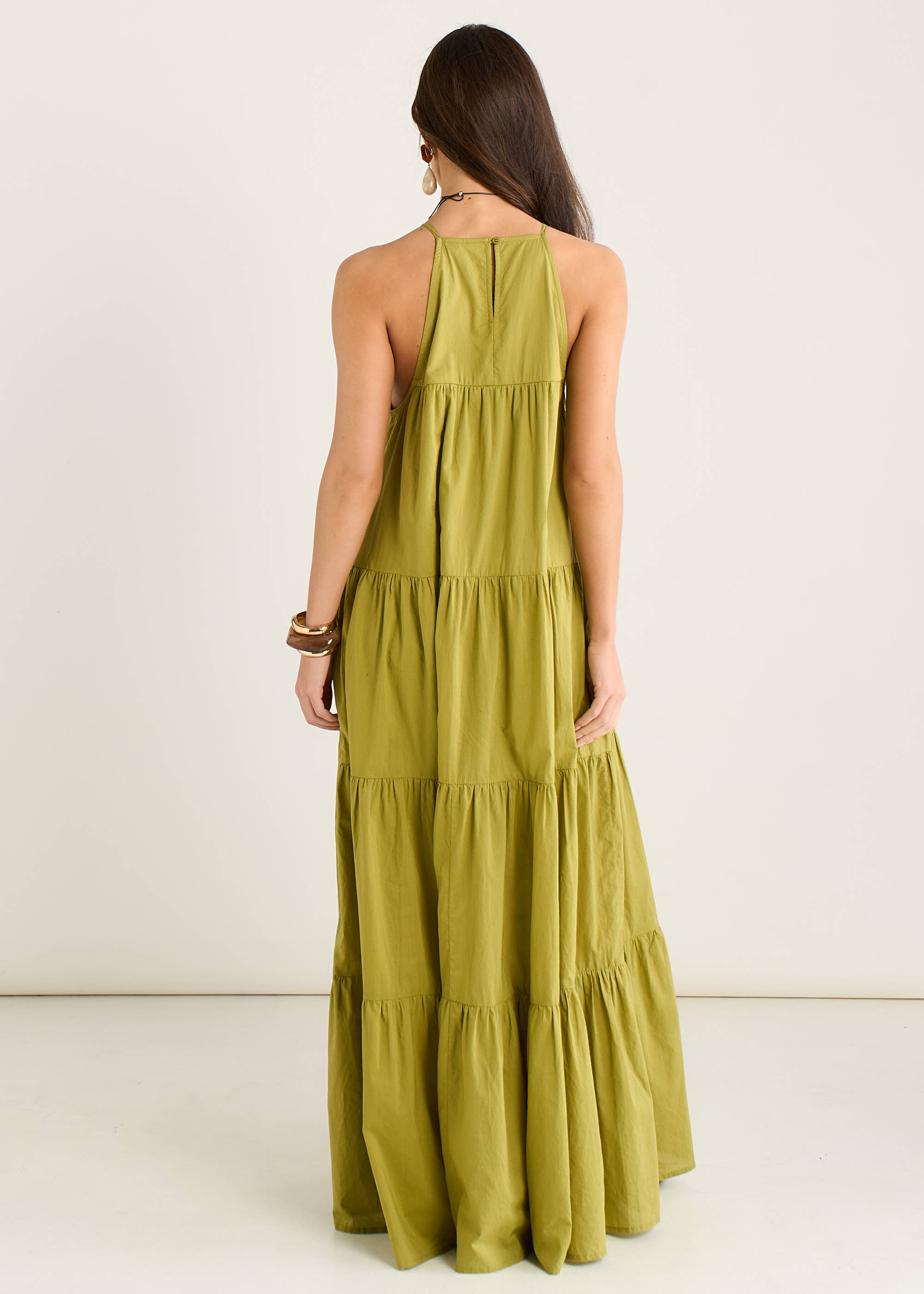 Khaki Tiered Halter Maxi Trapeze Dress