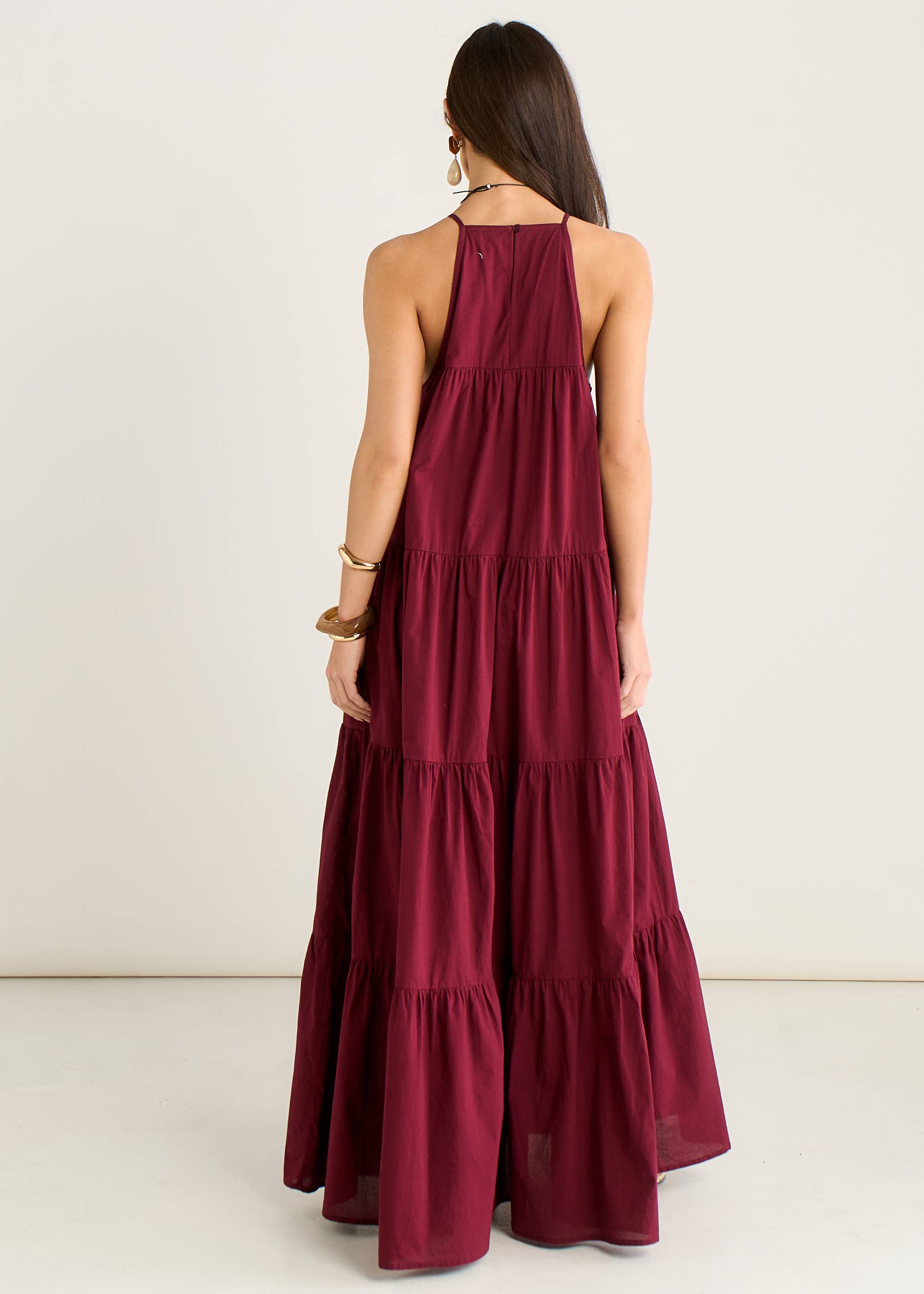 Mulberry Tiered Halter Maxi Trapeze Dress