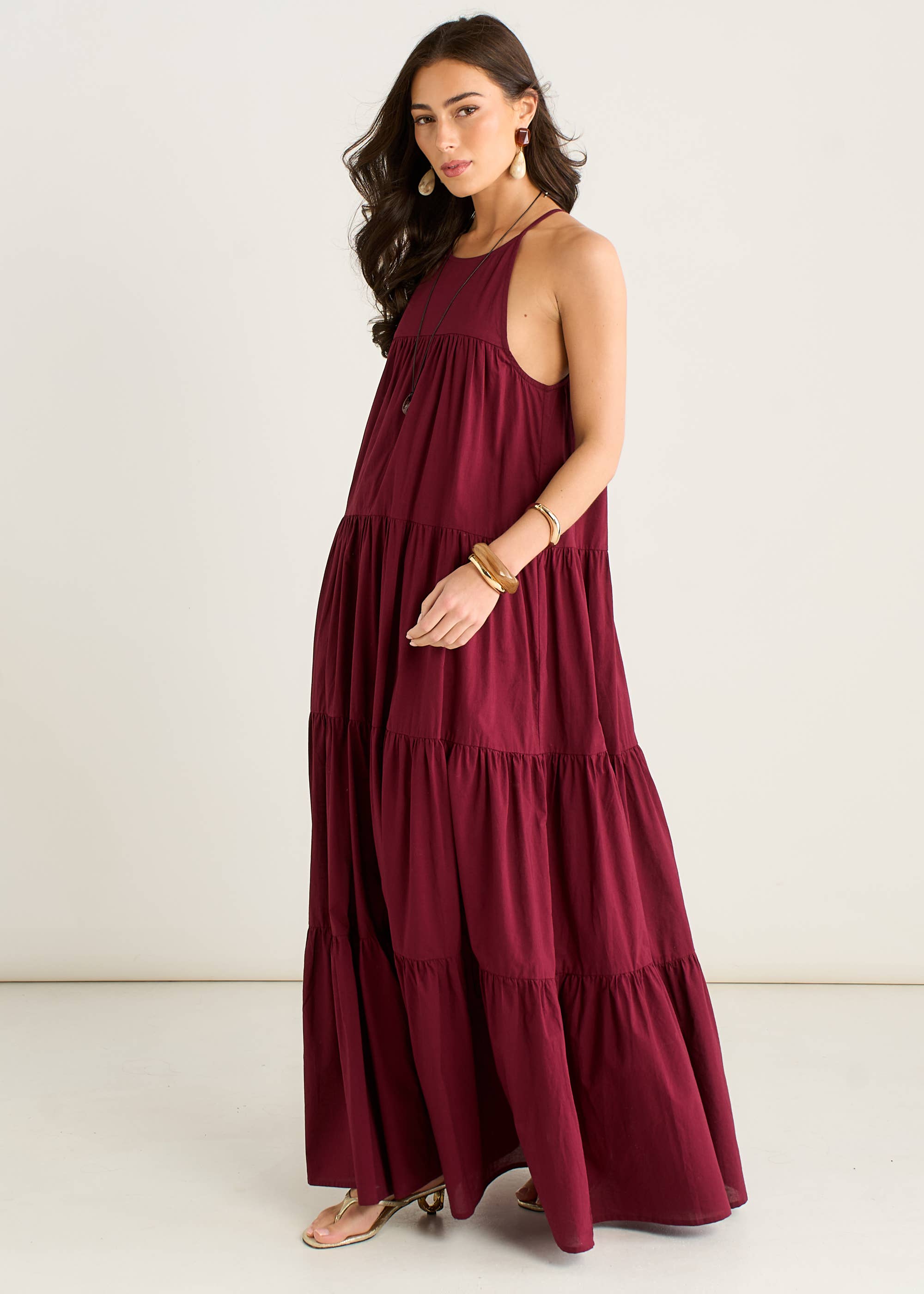 Mulberry Tiered Halter Maxi Trapeze Dress