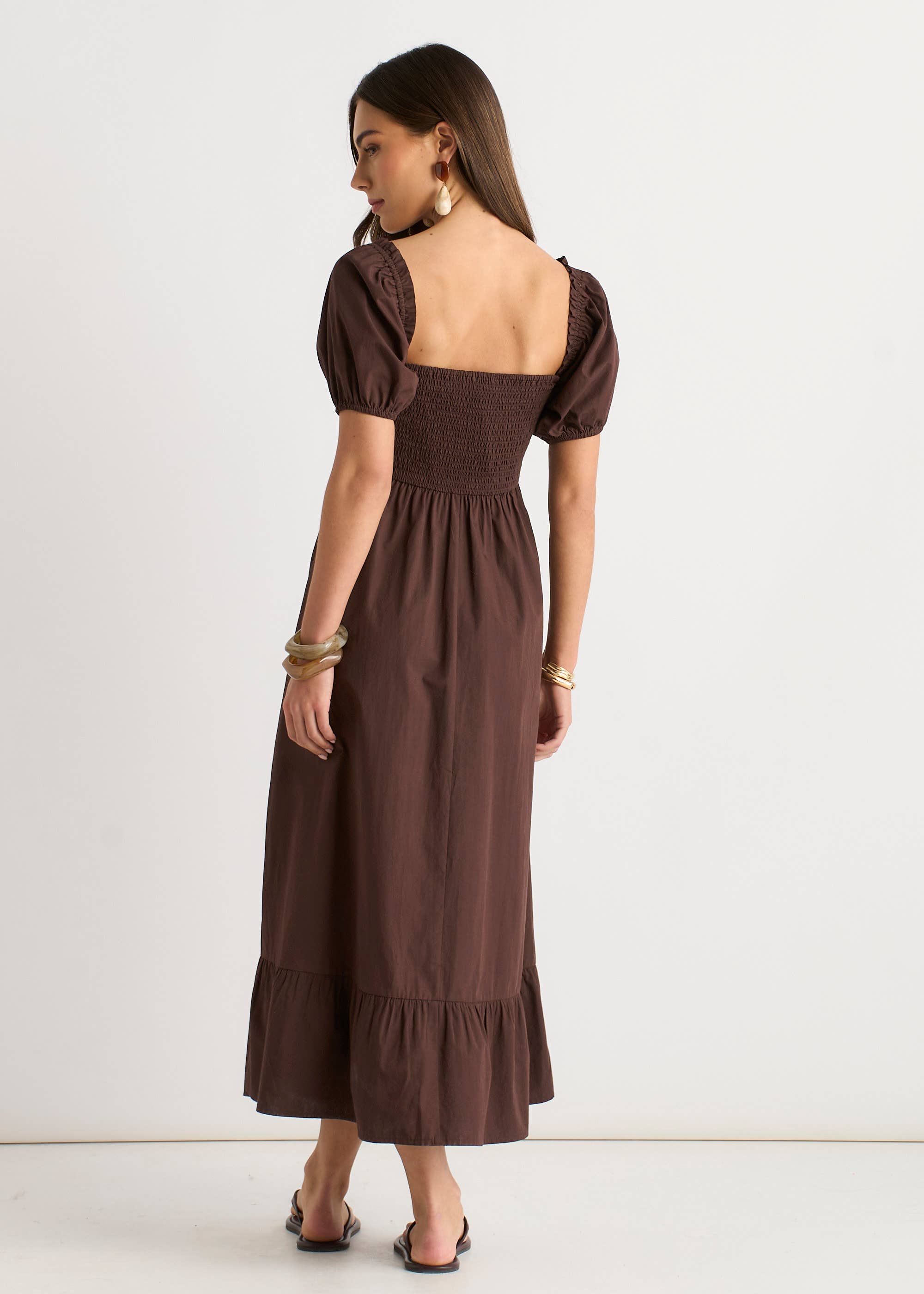 Brown Gypsy Puff Sleeves Midaxi Dress