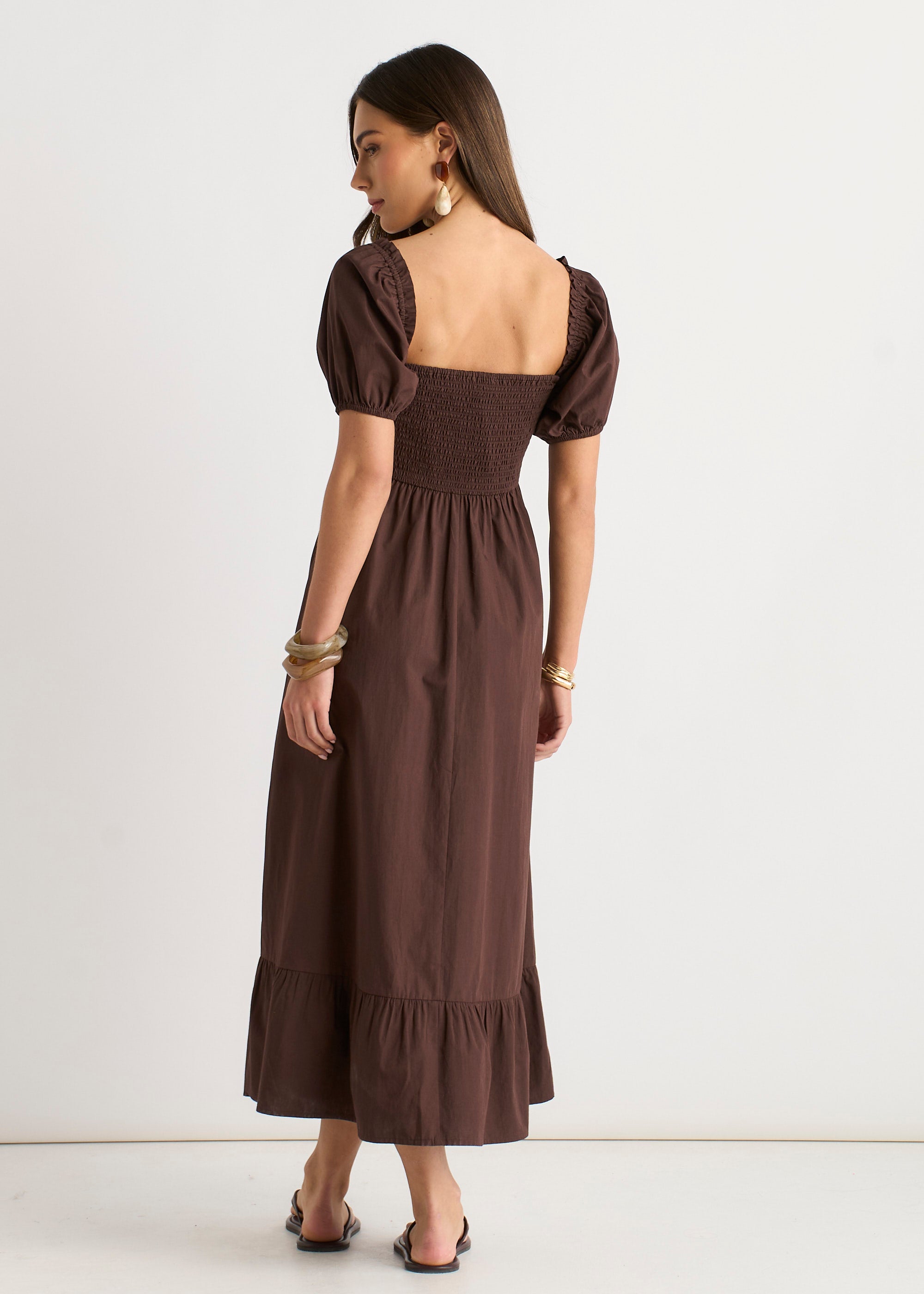 Brown Gypsy Puff Sleeves Midaxi Dress
