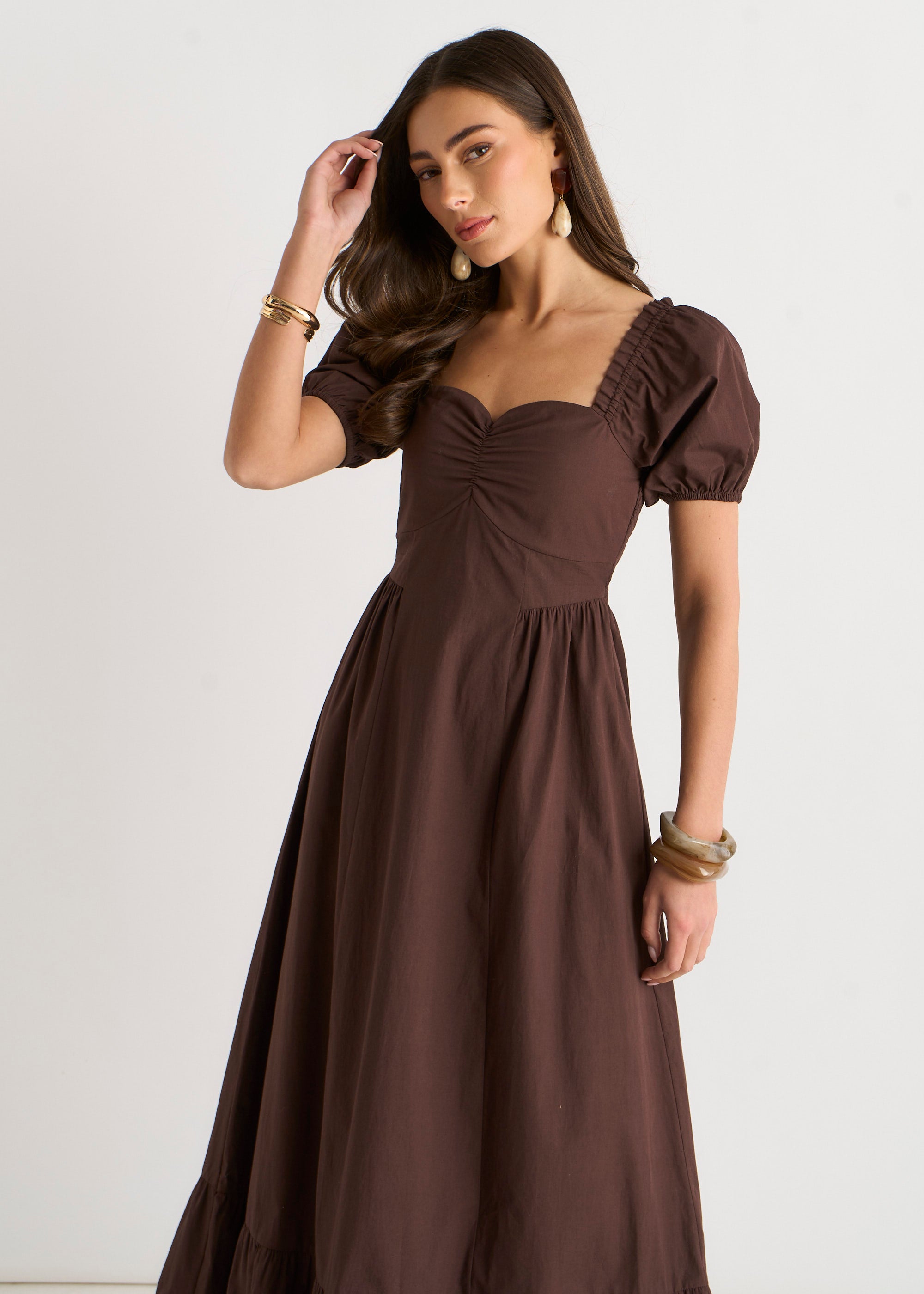 Brown Gypsy Puff Sleeves Midaxi Dress