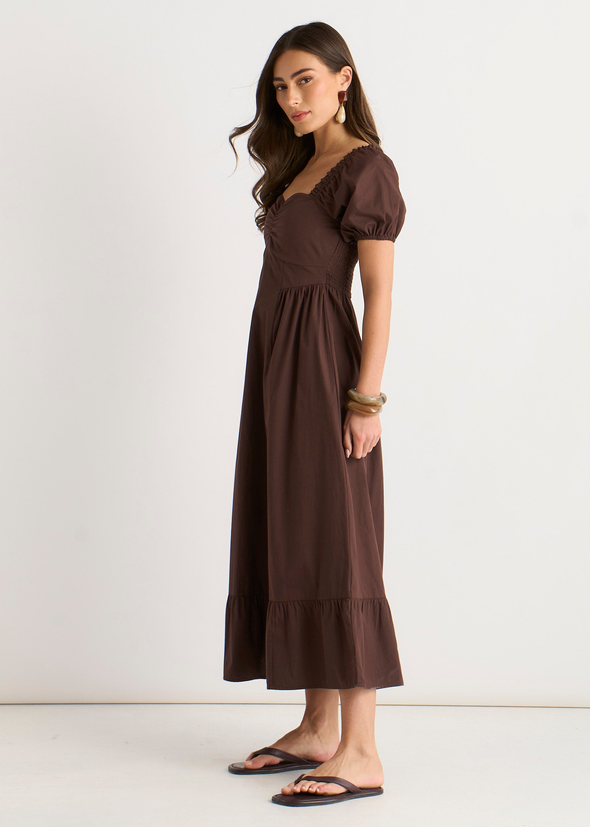 Brown Gypsy Puff Sleeves Midaxi Dress