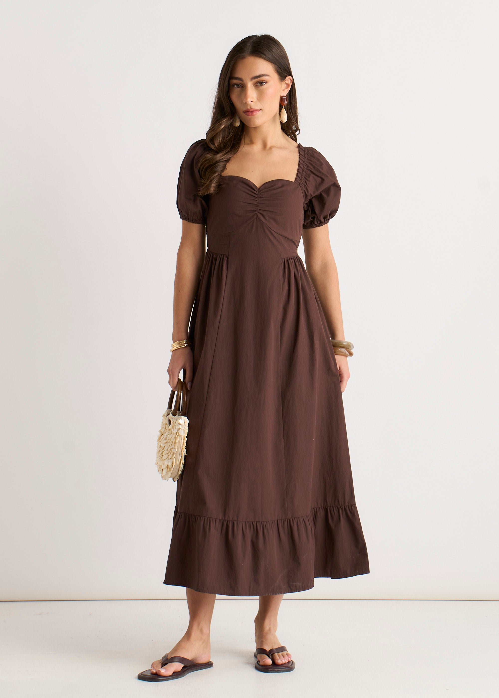 Brown Gypsy Puff Sleeves Midaxi Dress