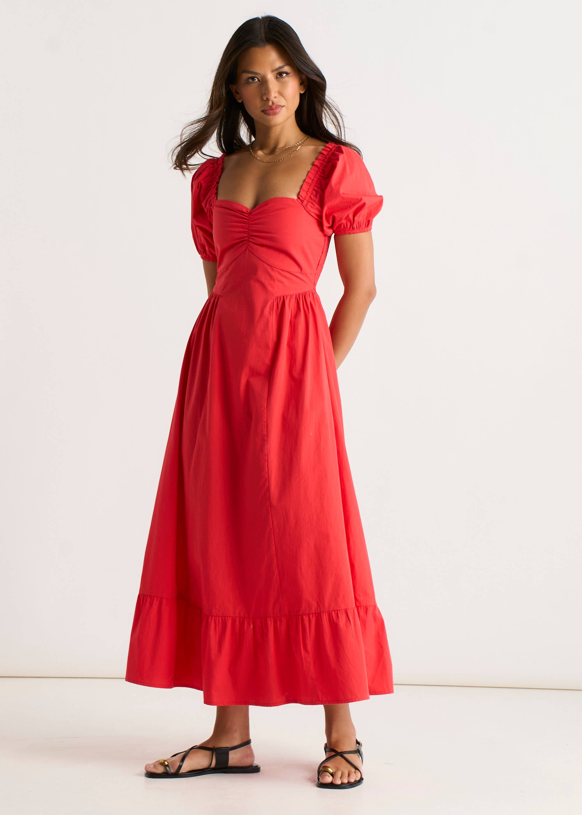 Red Gypsy Puff Sleeves Midaxi Dress