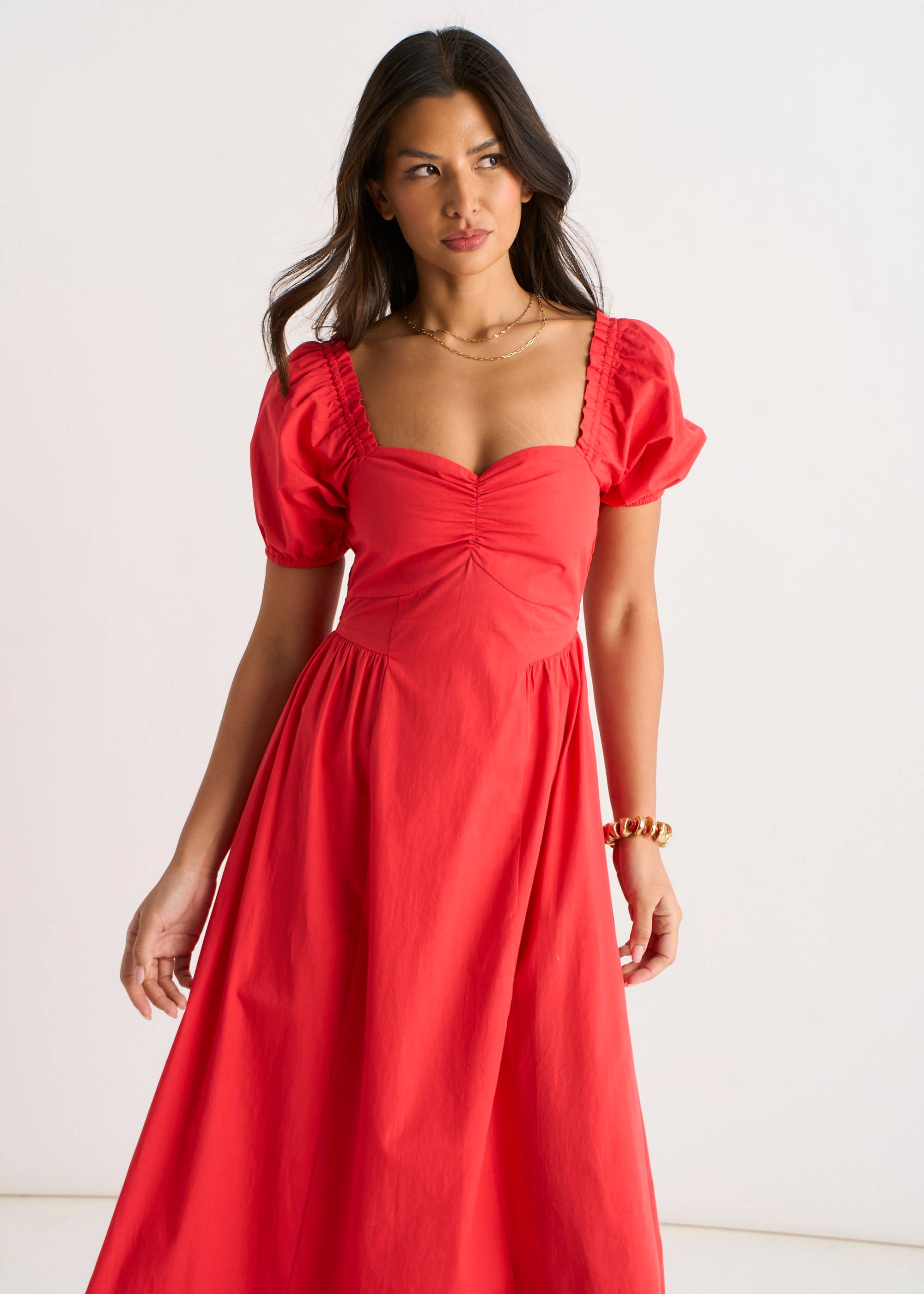 Red Gypsy Puff Sleeves Midaxi Dress