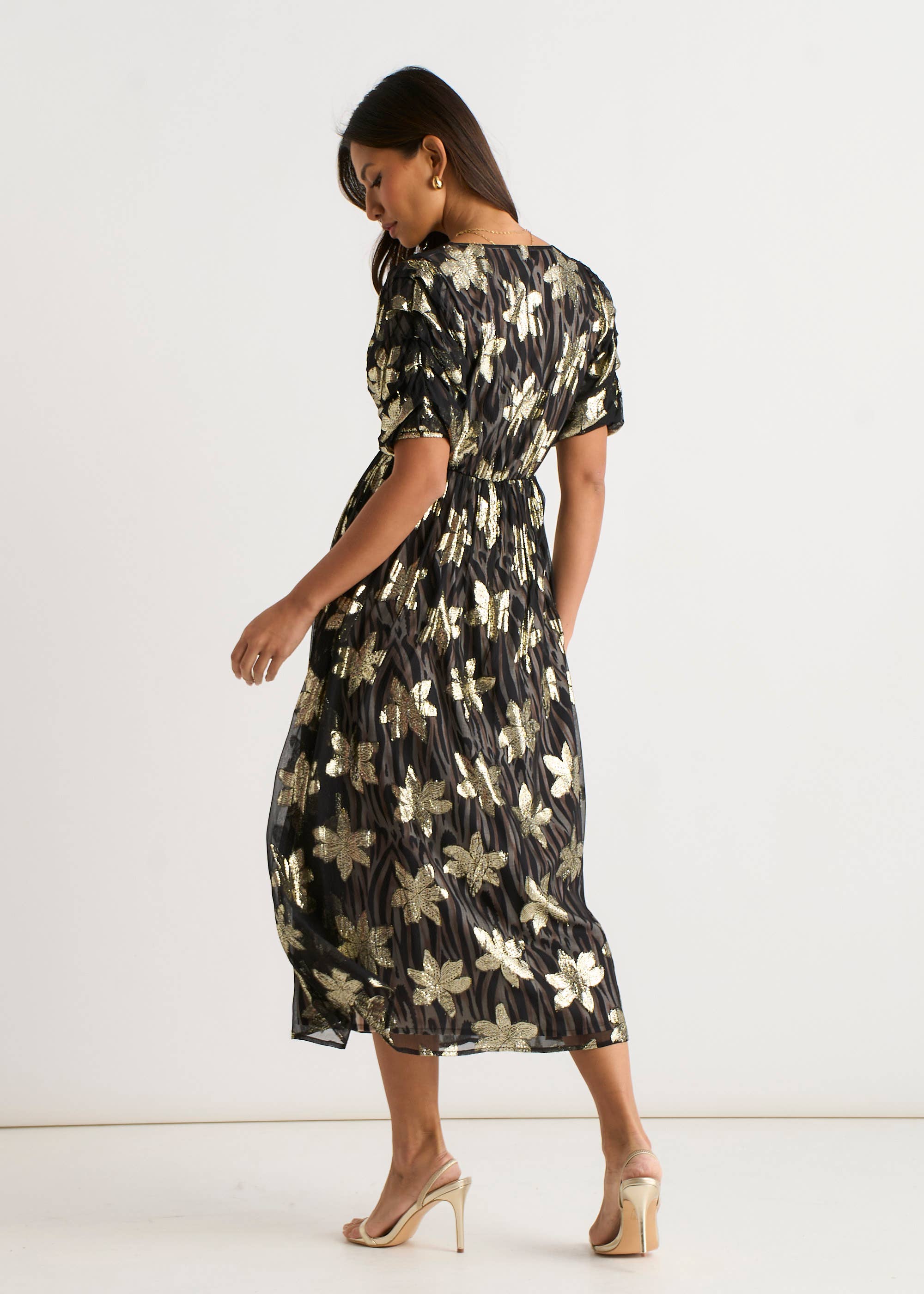 Black Floral Lurex Wrap Front Dress