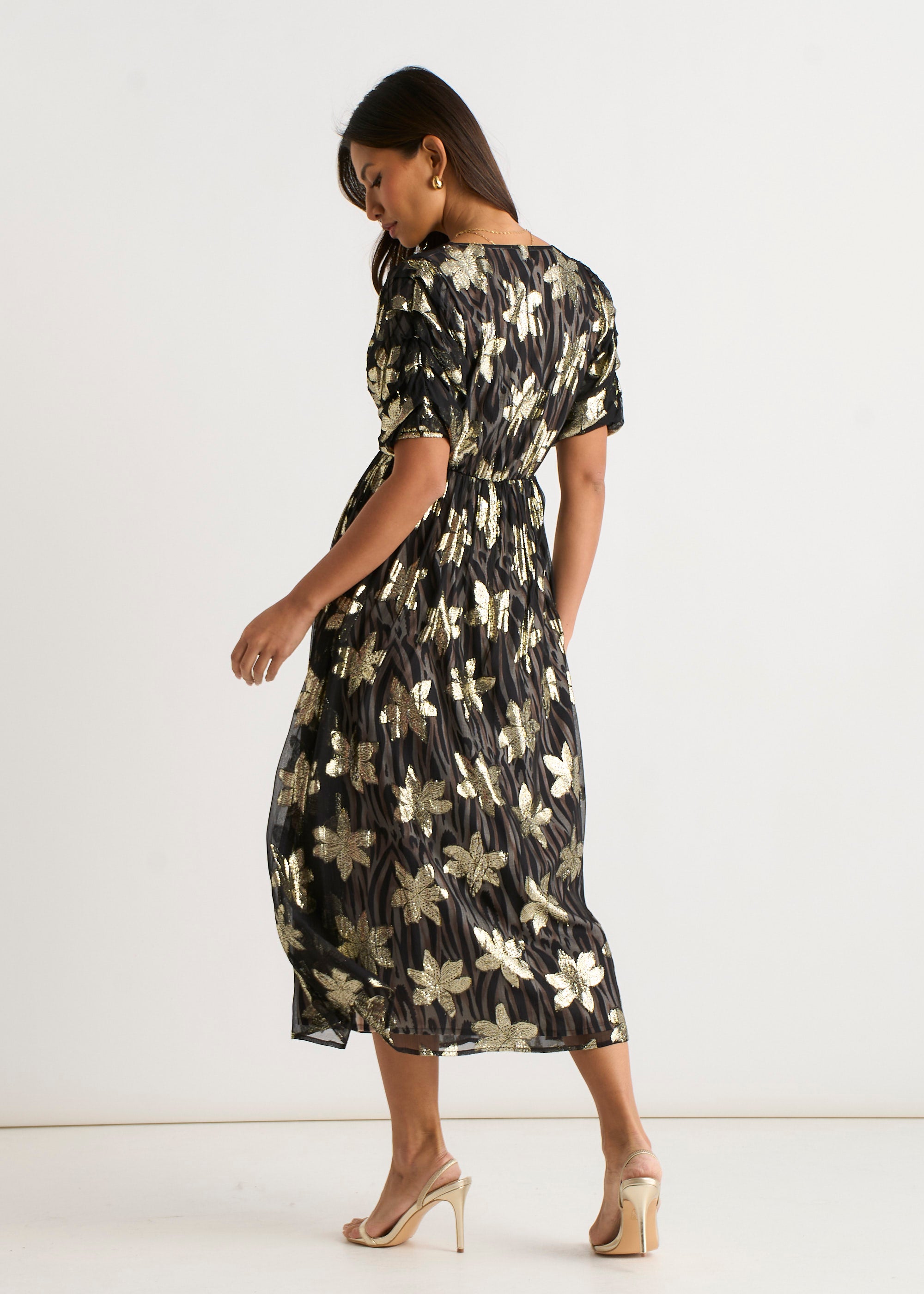 Black Floral Lurex Animal Wrap Front Dress