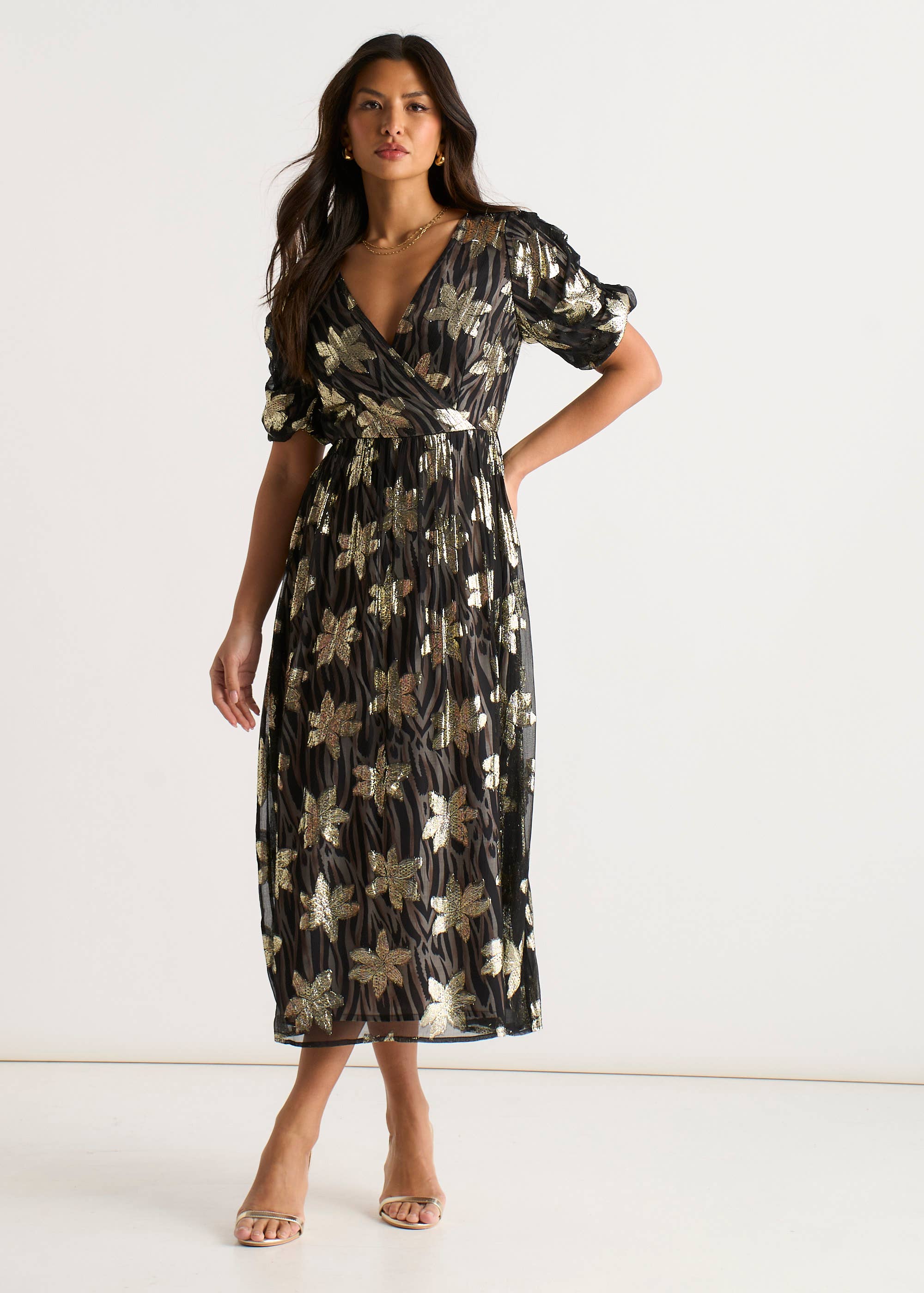 Black Floral Lurex Wrap Front Dress