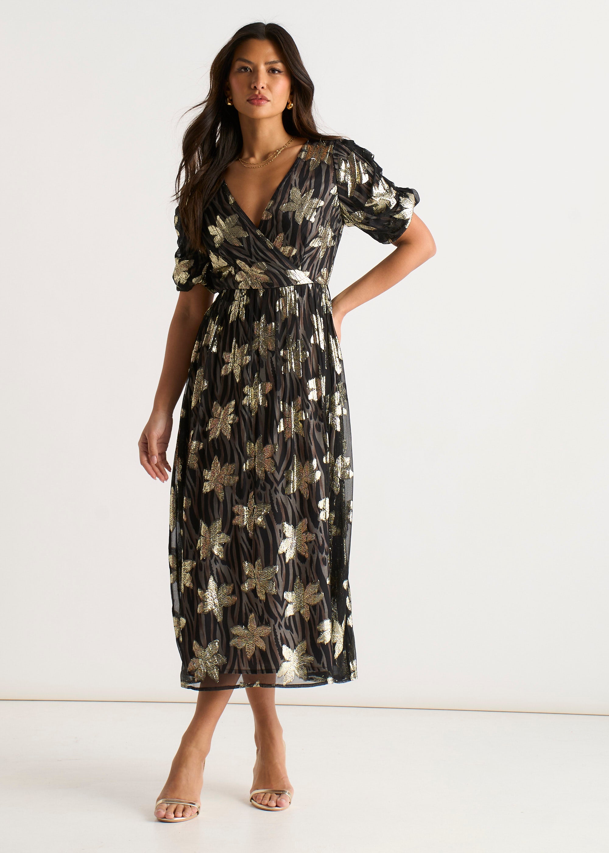 Black Floral Lurex Animal Wrap Front Dress