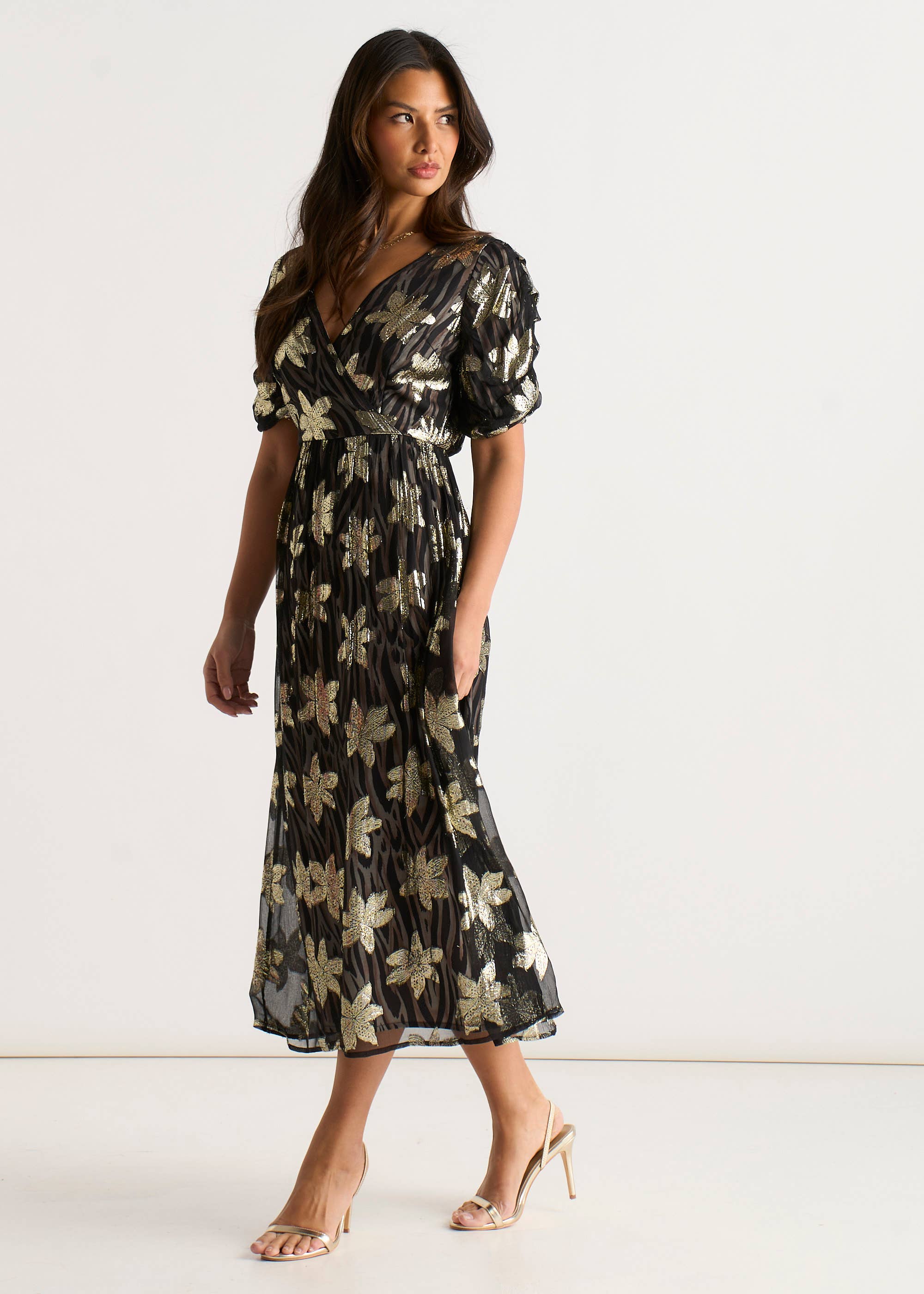 Black Floral Lurex Wrap Front Dress