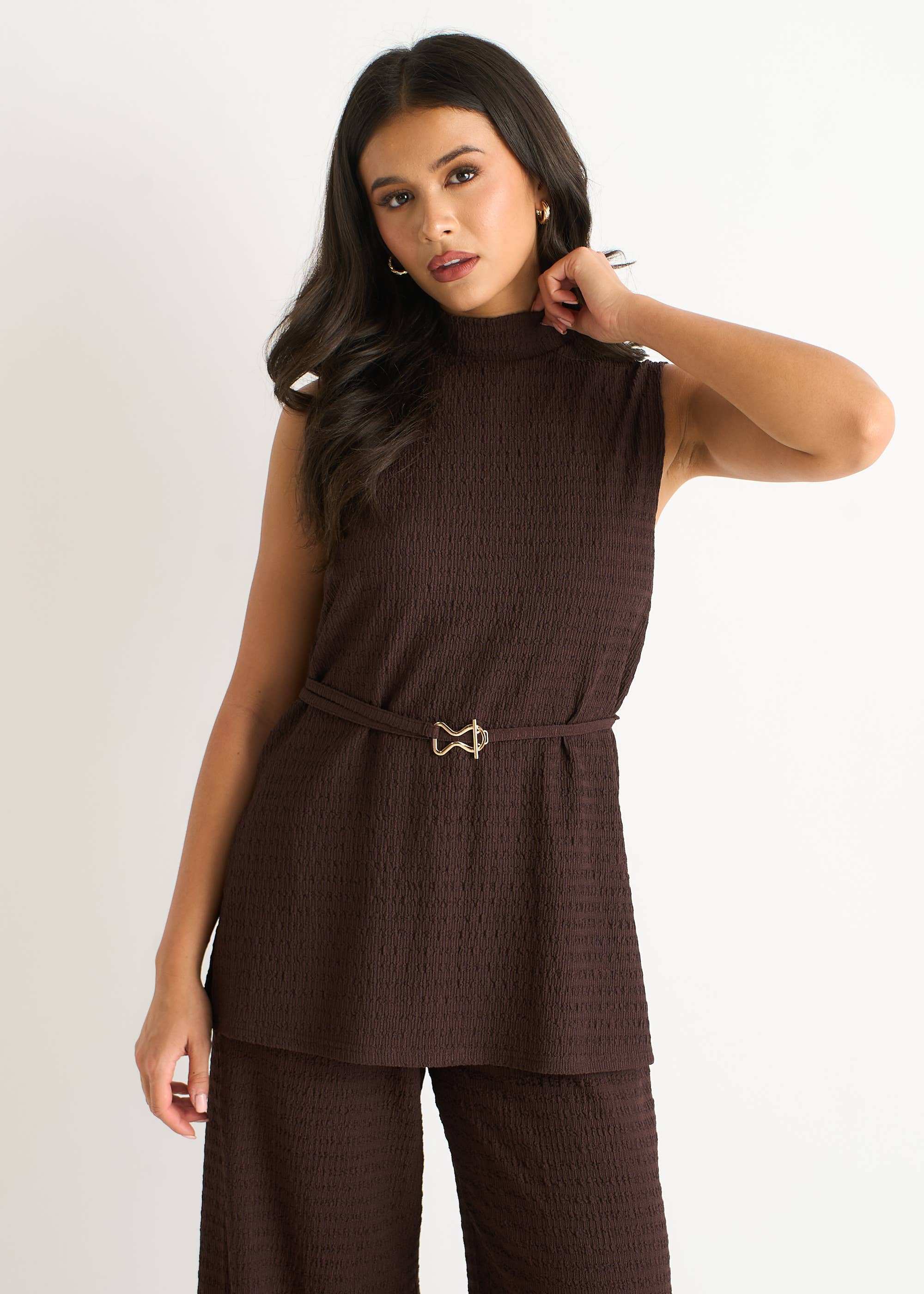 Chocolate Textured Belted Sleeveless Jersey Tabard Top