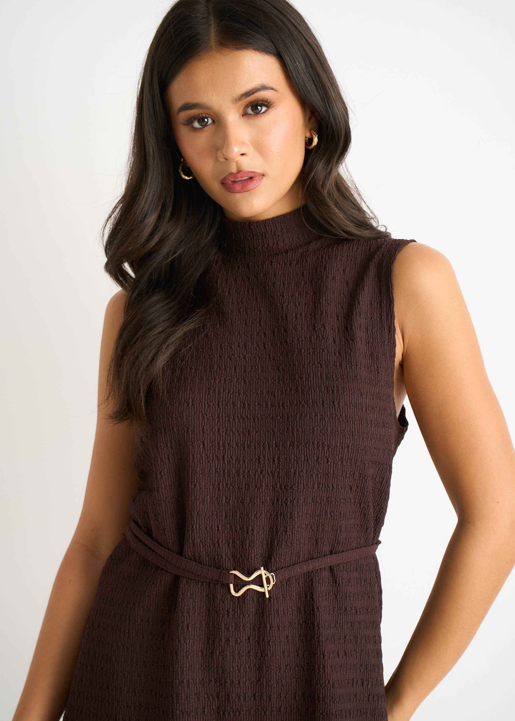 Chocolate Textured Belted Sleeveless Jersey Tabard Top