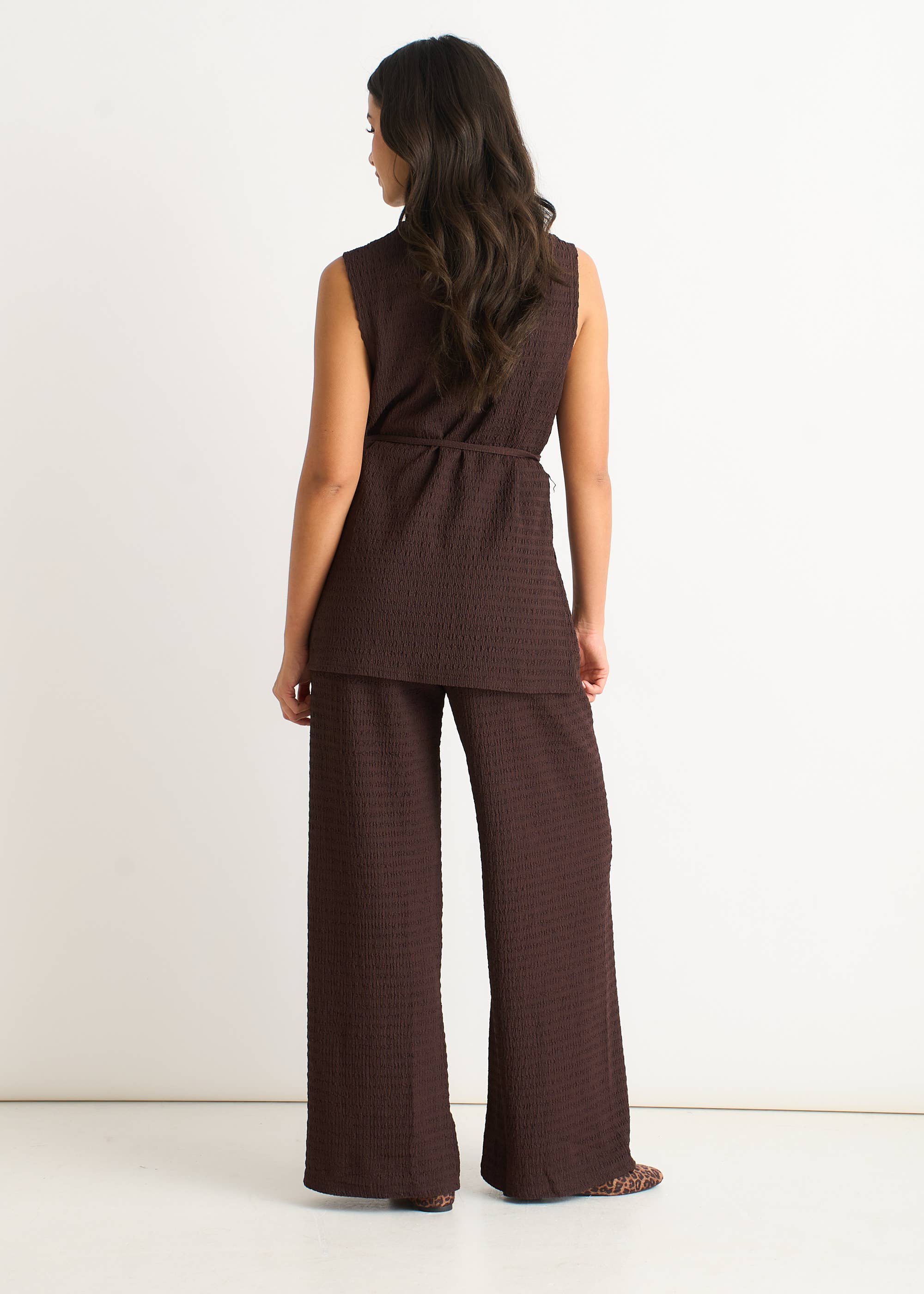 Chocolate Textured Belted Sleeveless Jersey Tabard Top