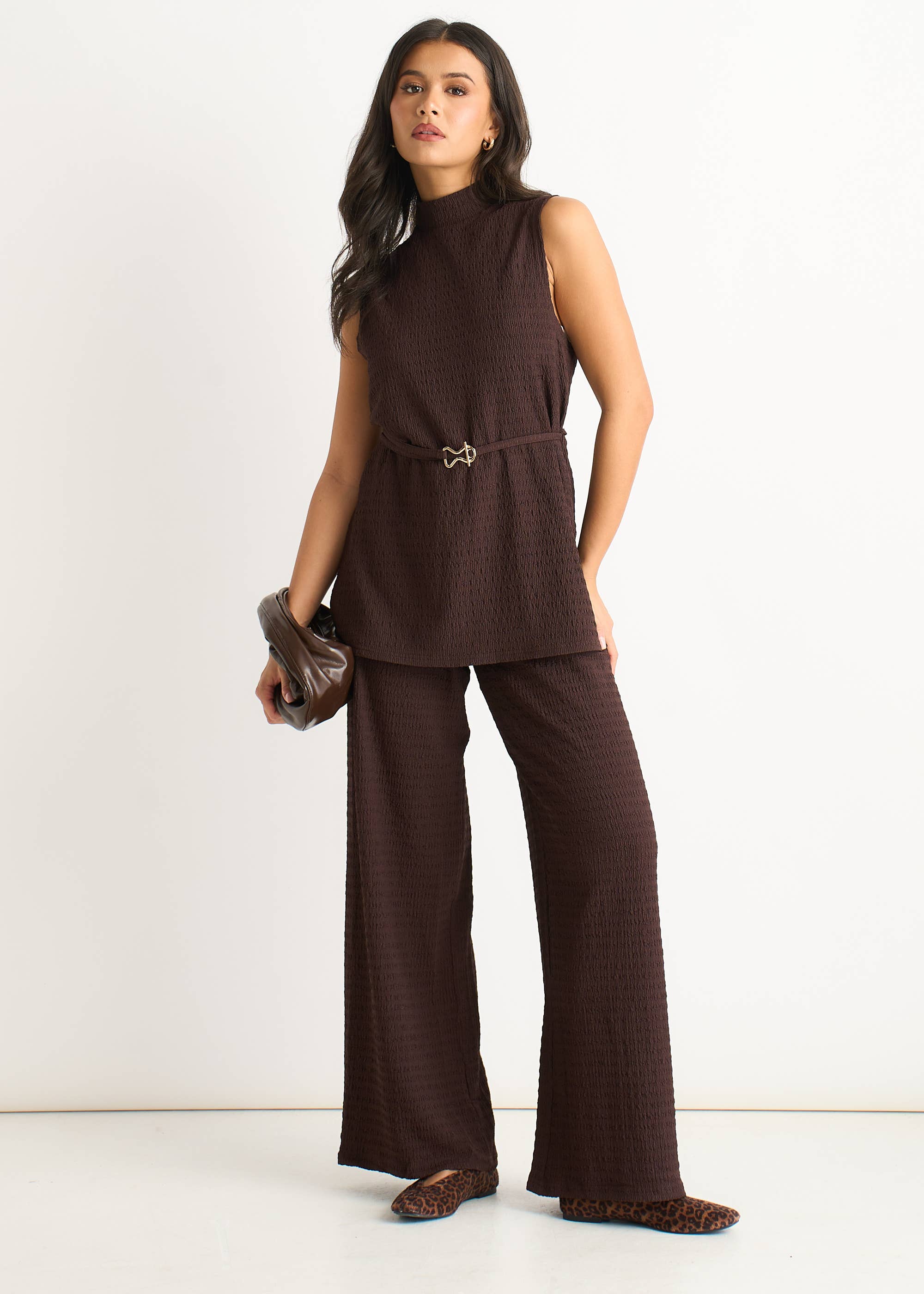 Chocolate Textured Belted Sleeveless Jersey Tabard Top