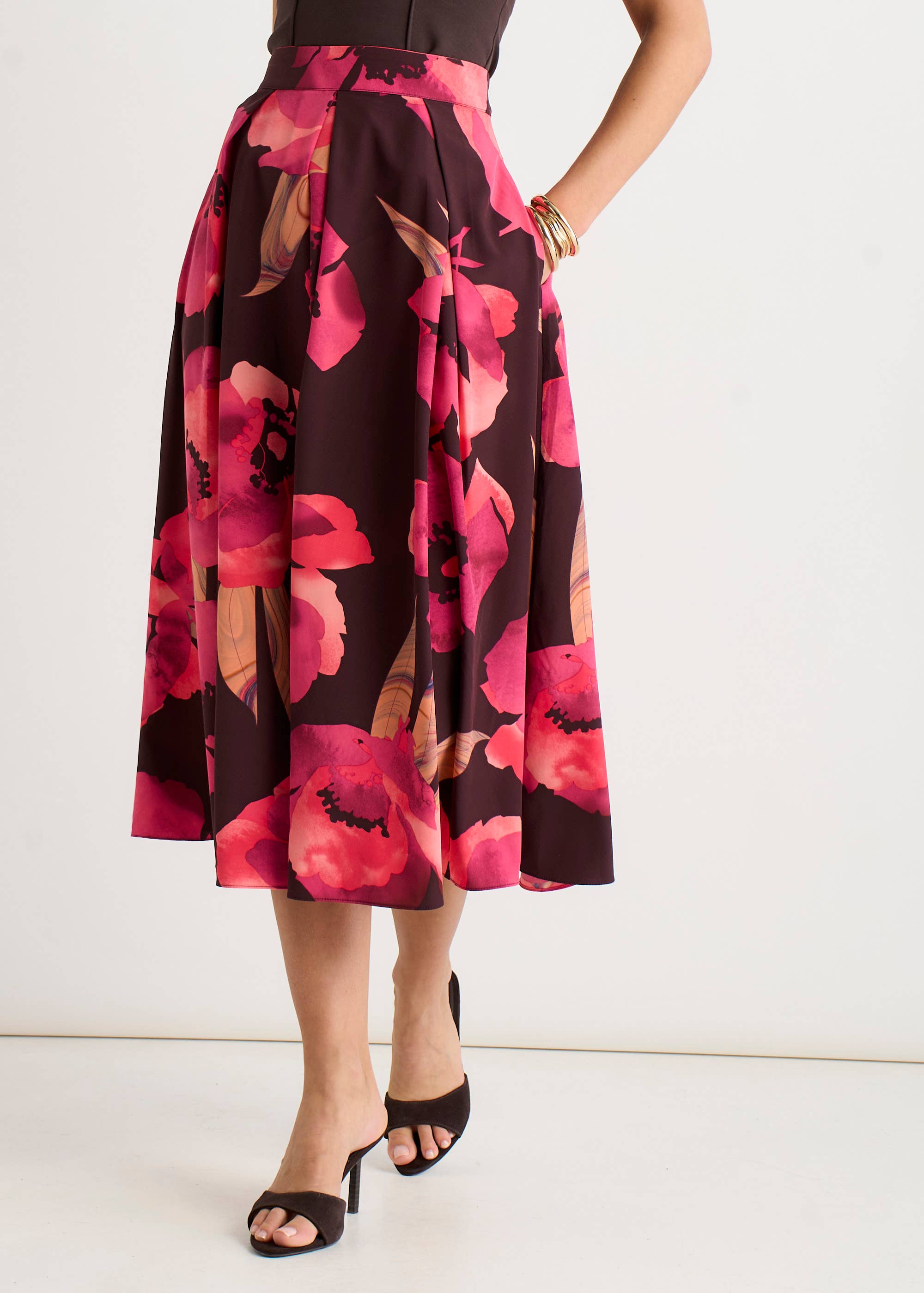 Brown Large Floral Box Pleat Midi Skirt