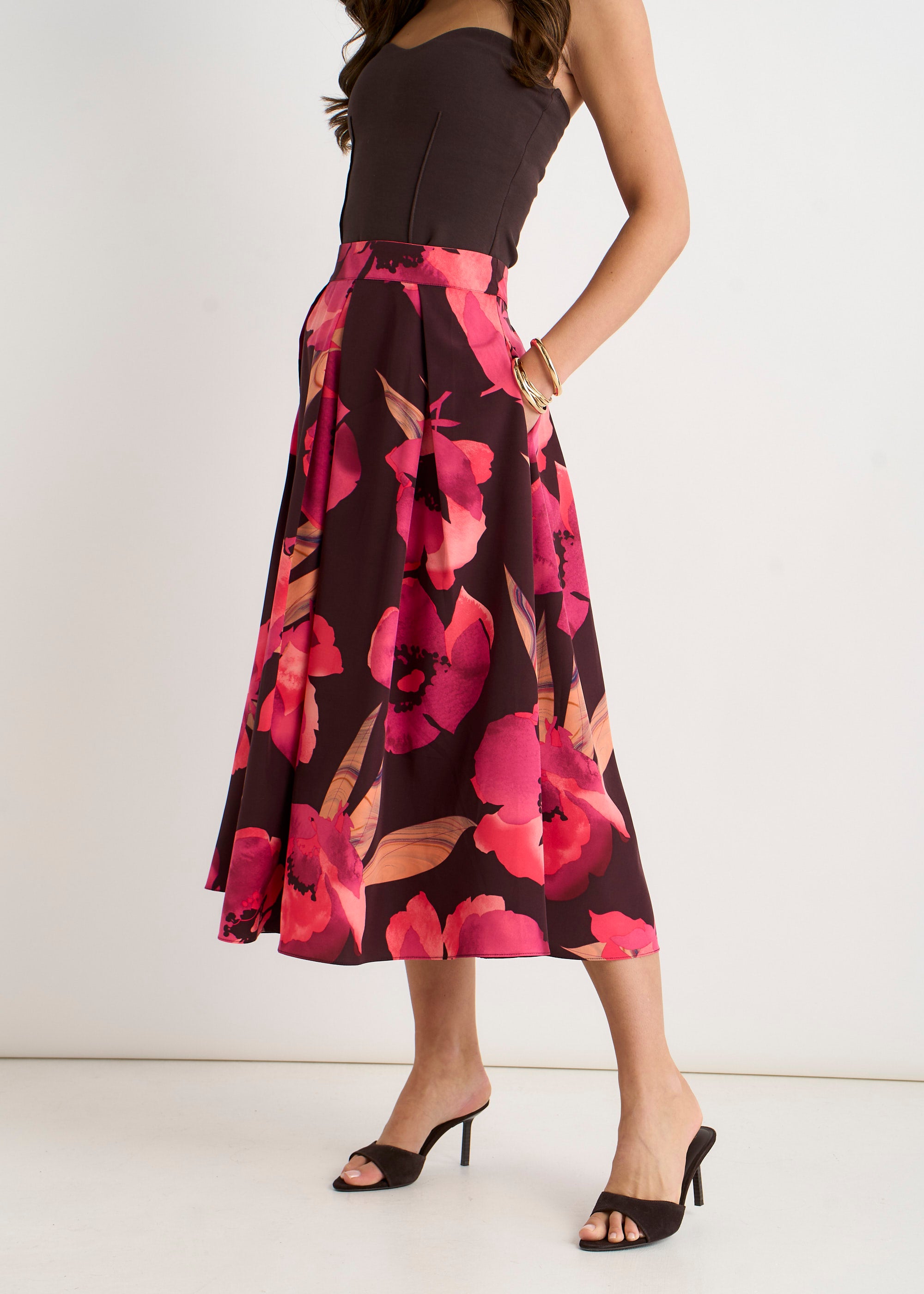 Brown Large Floral Box Pleat Midi Skirt
