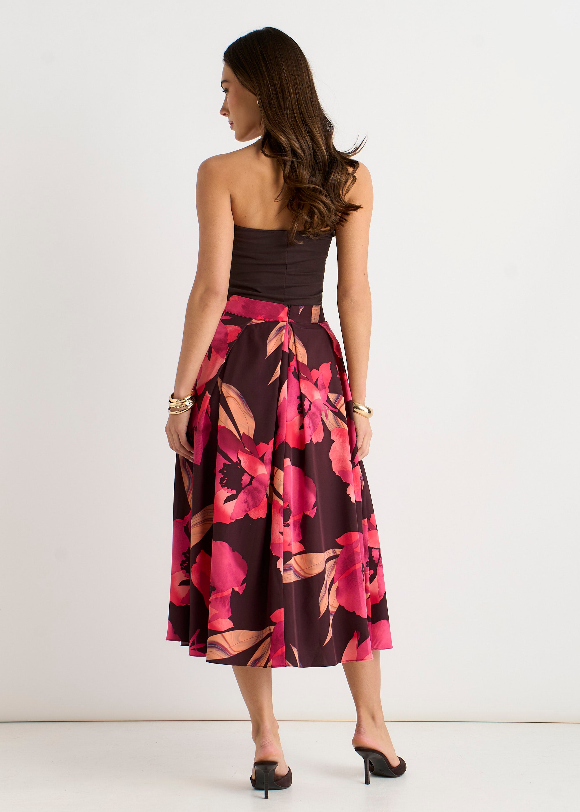 Brown Large Floral Box Pleat Midi Skirt