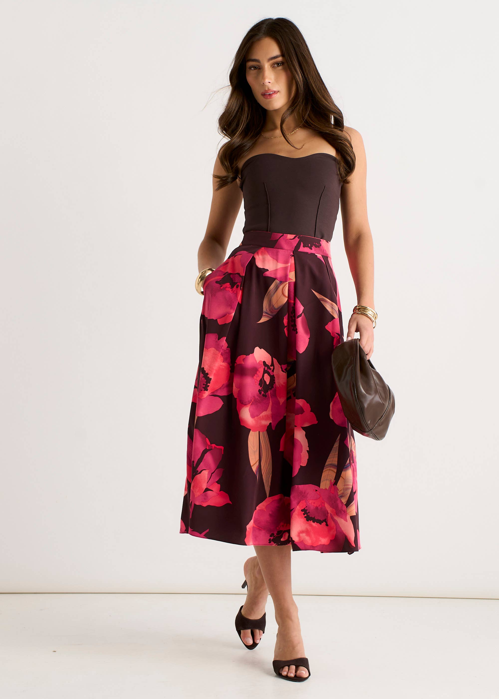 Brown Large Floral Box Pleat Midi Skirt