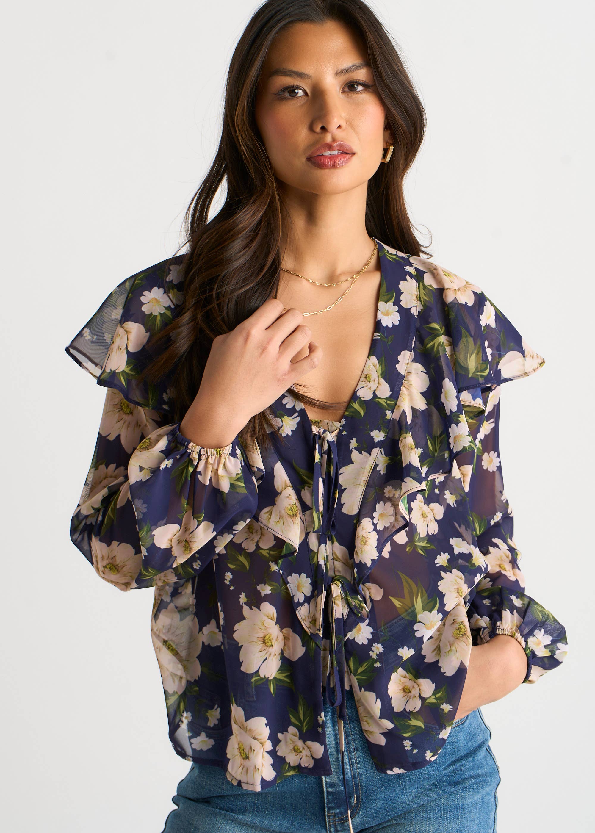 Navy Elegant Floral Ruffle Shoulder Blouse