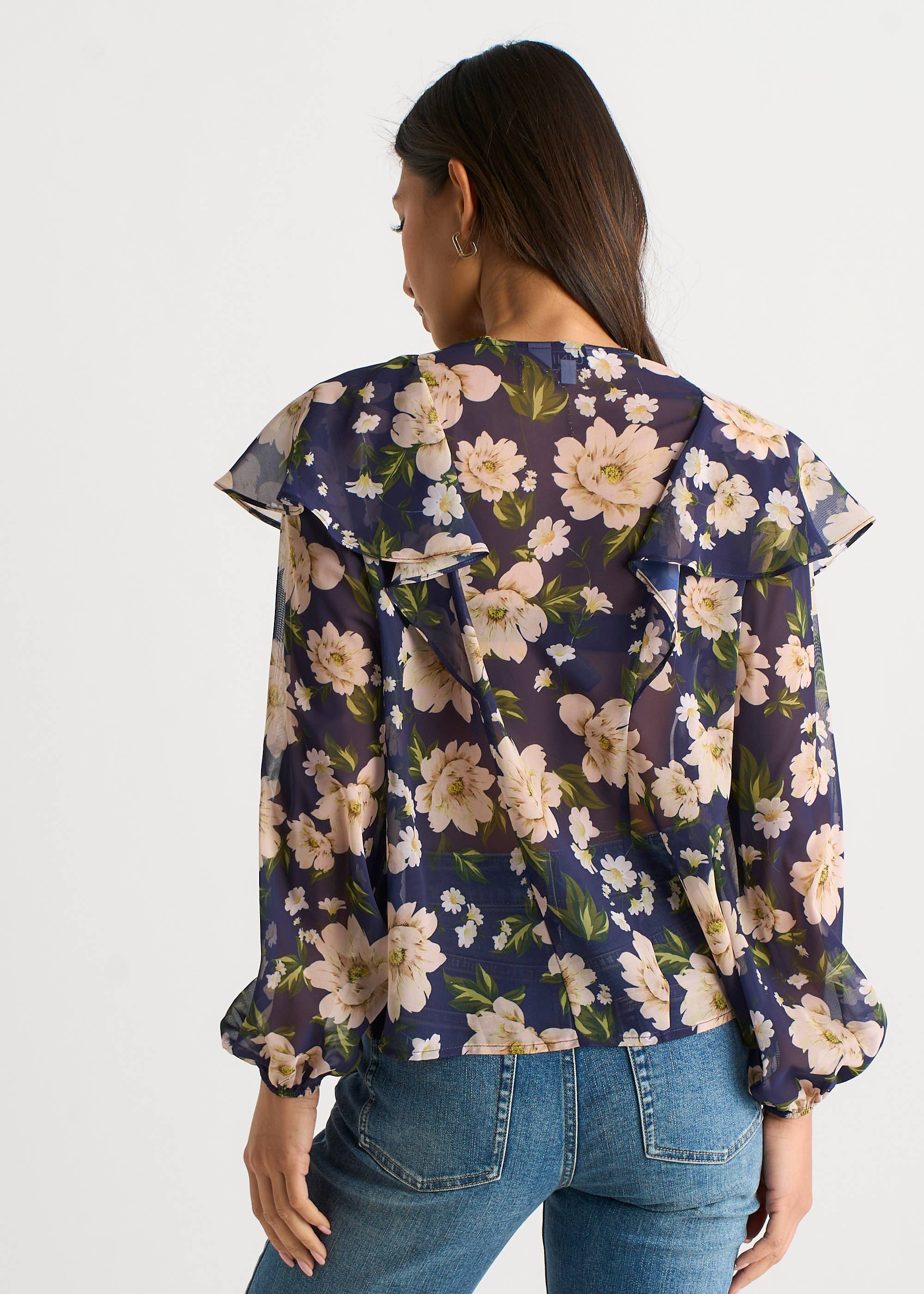 Navy Elegant Floral Ruffle Shoulder Blouse