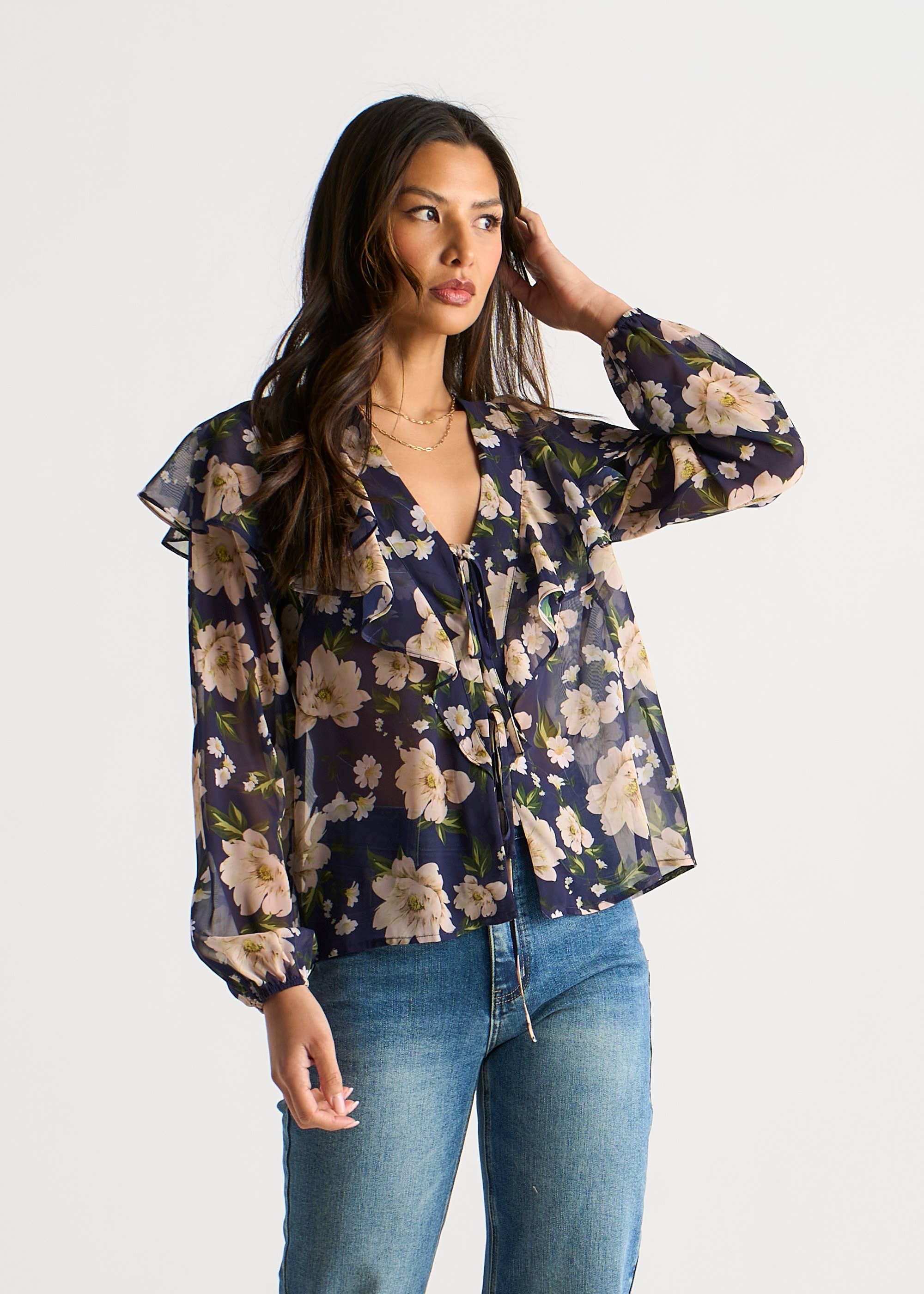Navy Elegant Floral Ruffle Shoulder Blouse