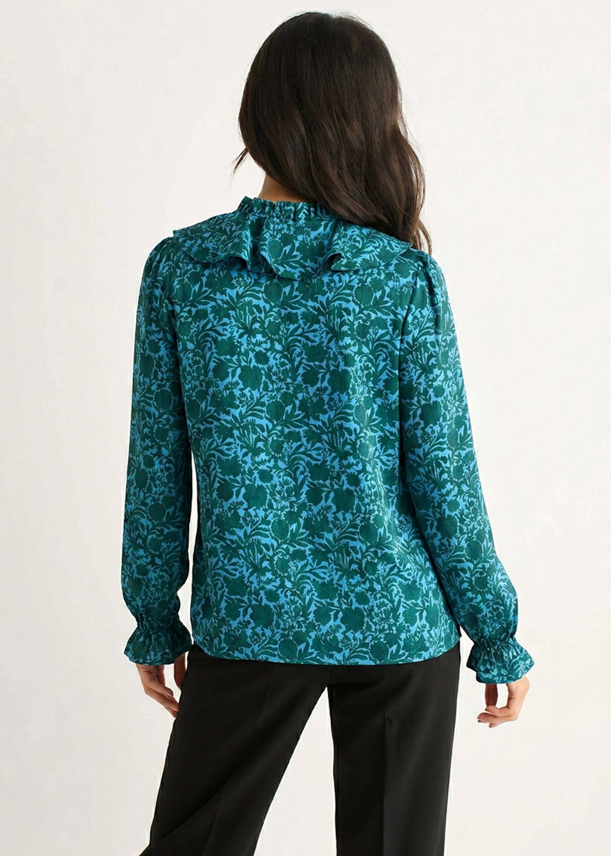 Blue Floral Print Ruffle Front Blouse