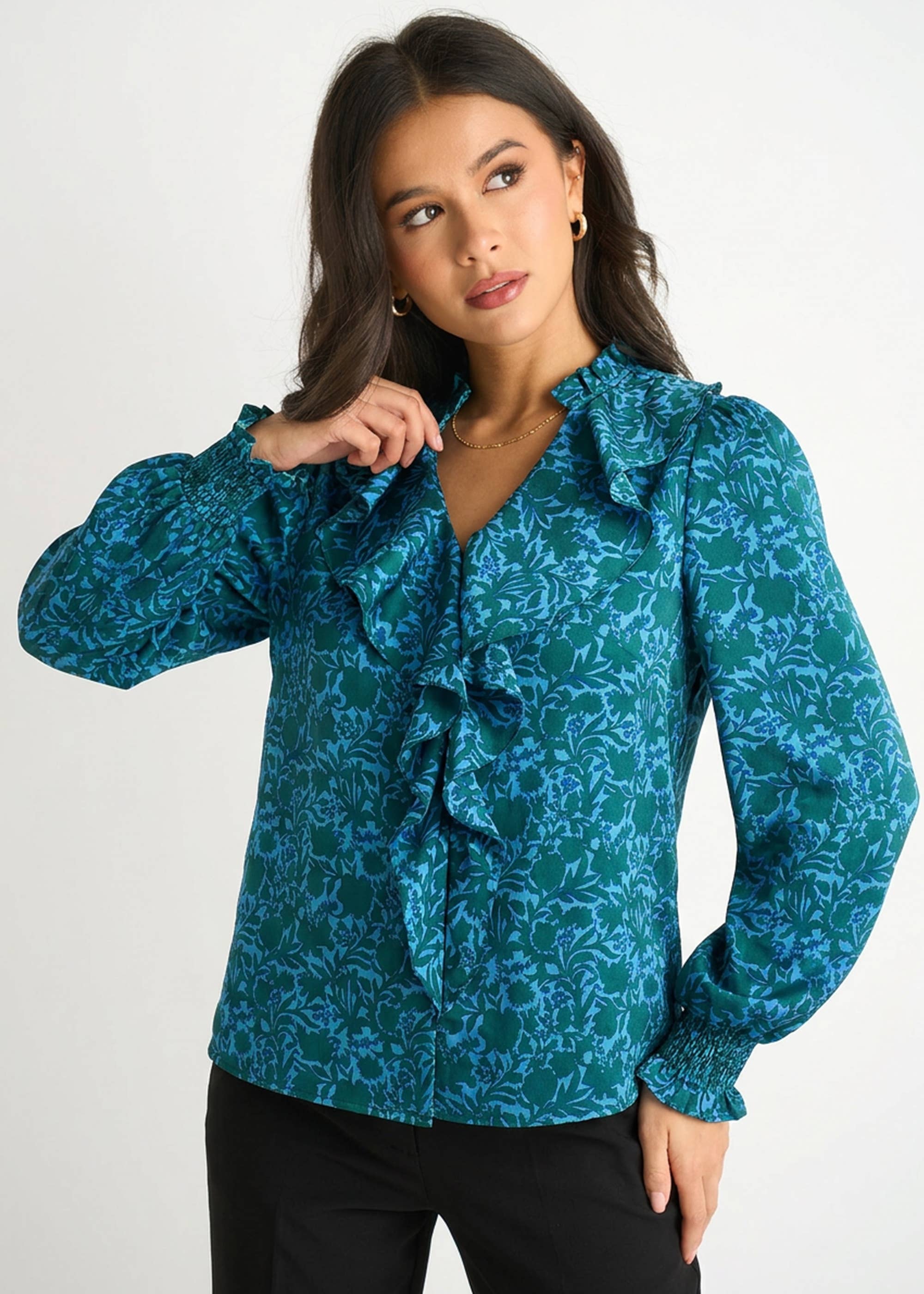 Blue Floral Print Ruffle Front Blouse