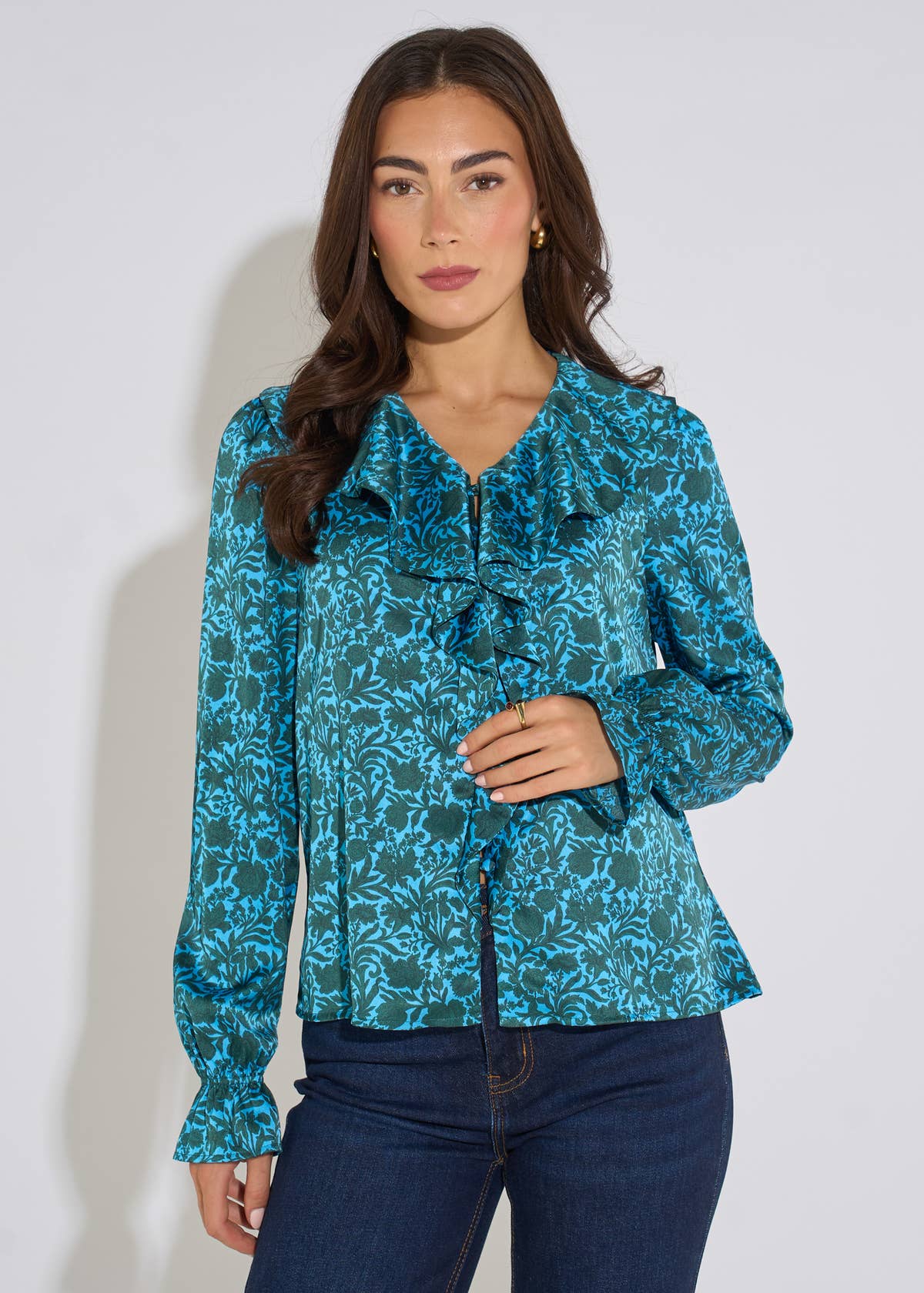 Blue Floral Print Ruffle Front Blouse– View 1 | Gini London