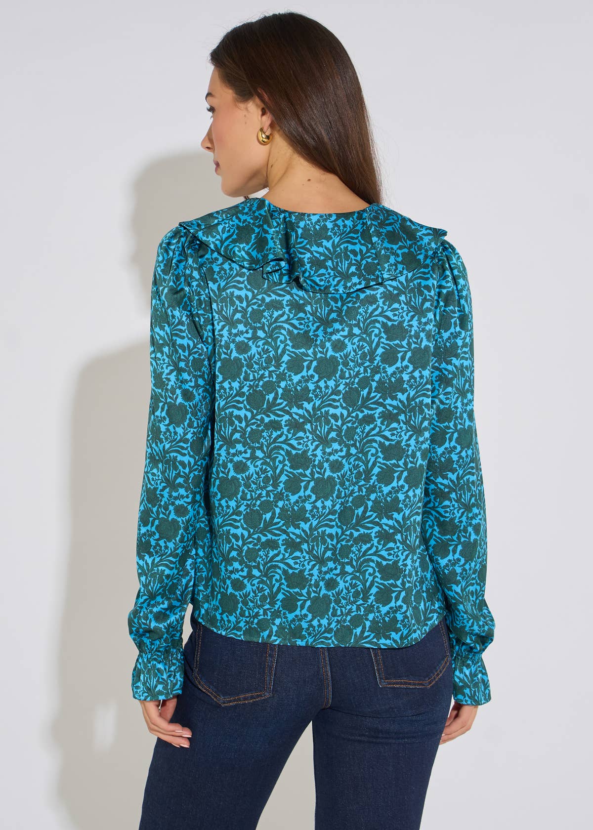 Blue Floral Print Ruffle Front Blouse– View 2 | Gini London