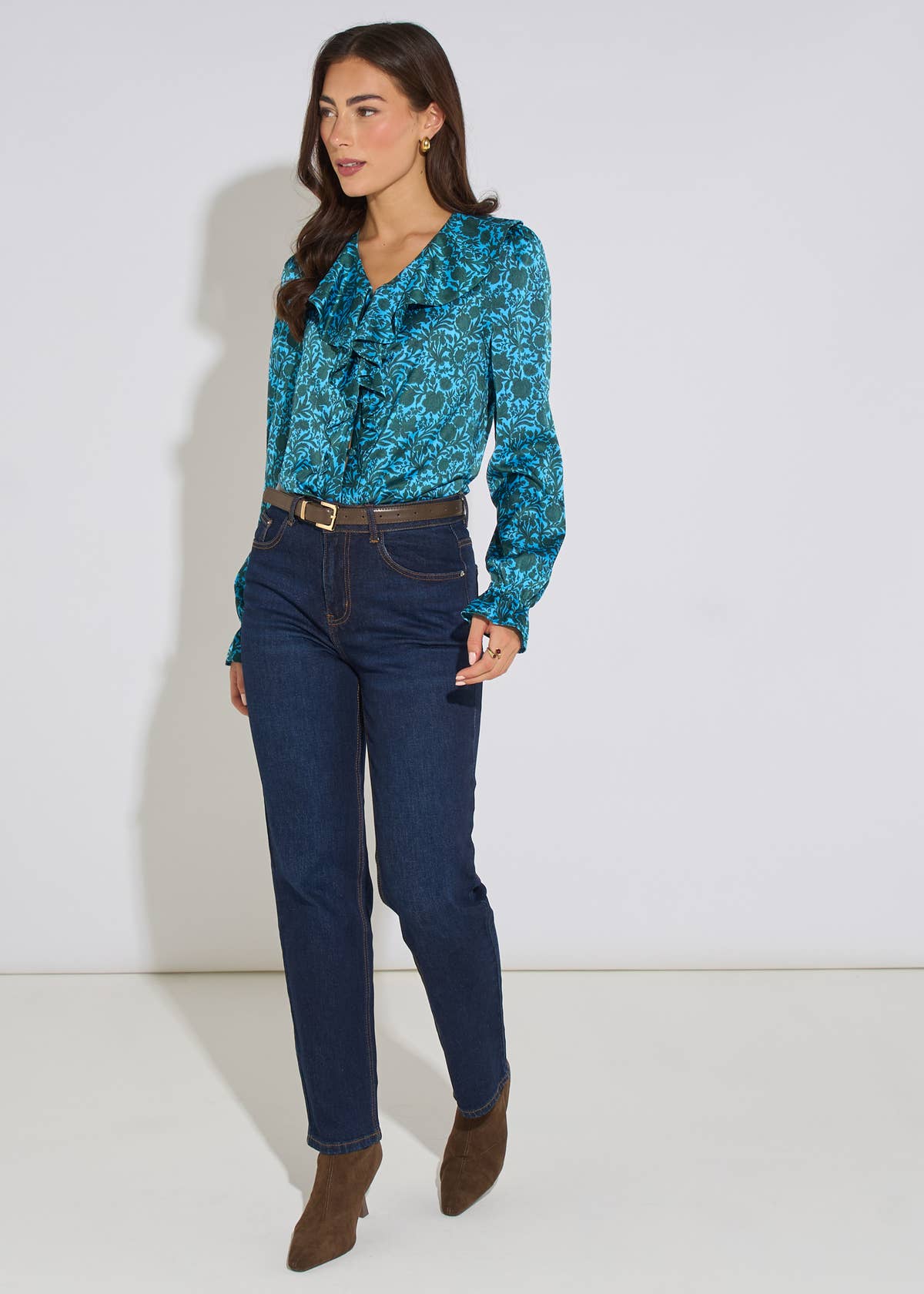 Blue Floral Print Ruffle Front Blouse– View 4 | Gini London
