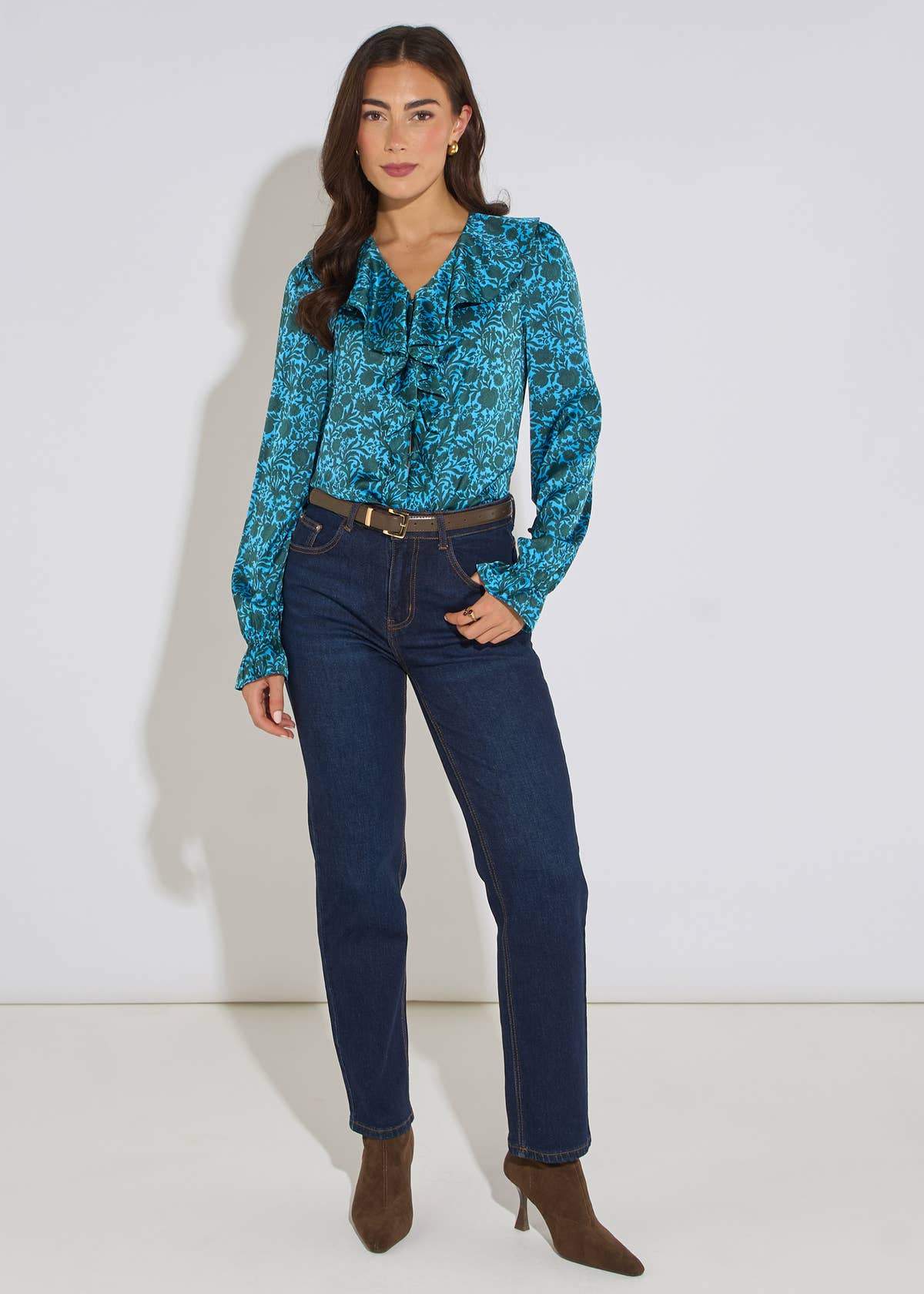 Blue Floral Print Ruffle Front Blouse– View 3 | Gini London