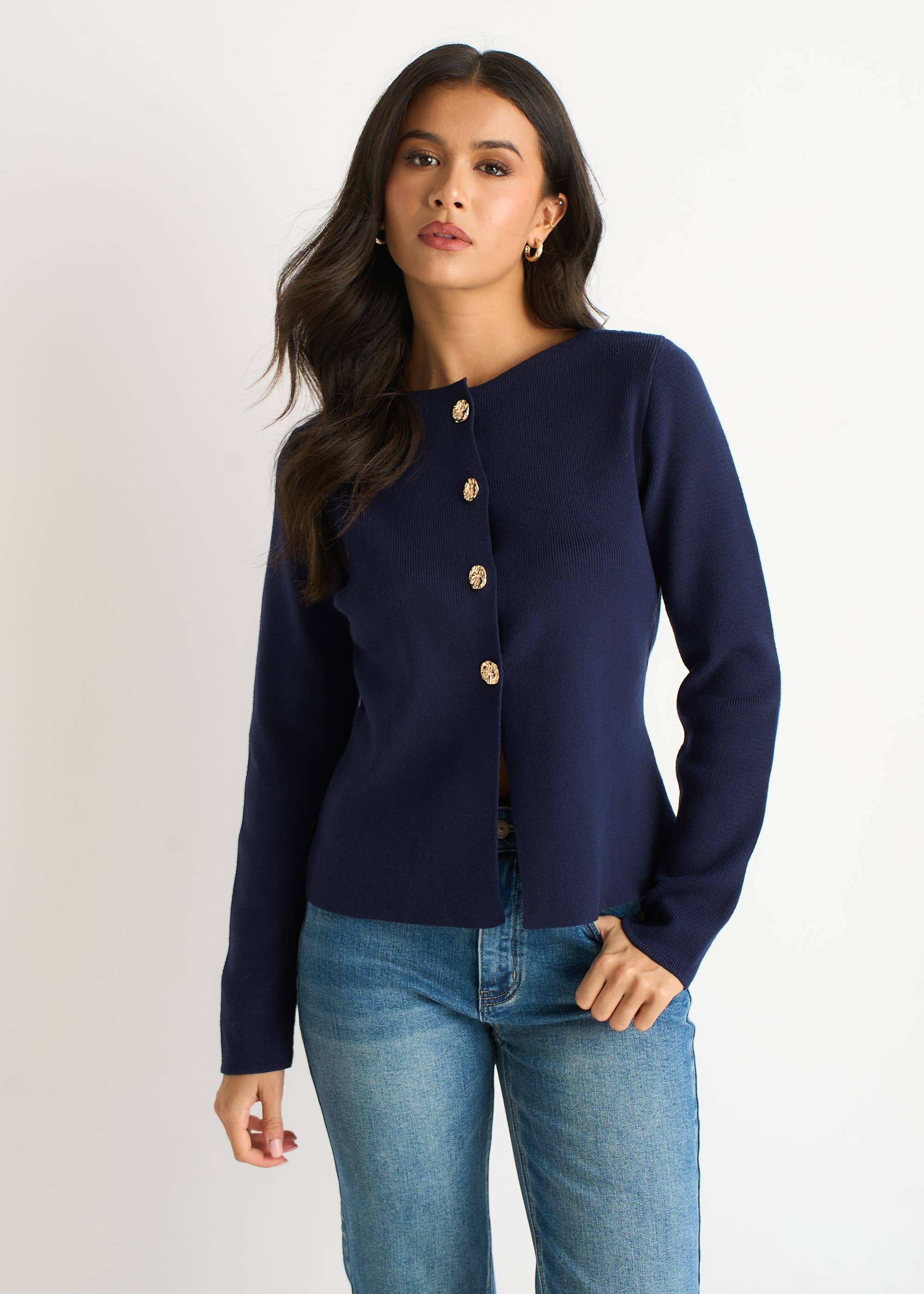 Navy Gold Buttons Ribbed Knit Cardigan