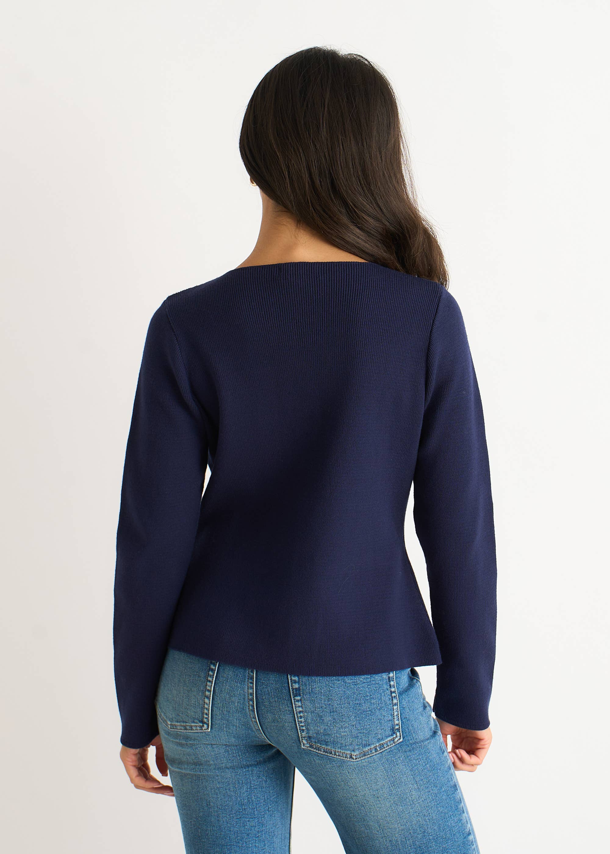 Navy Gold Buttons Ribbed Knit Cardigan