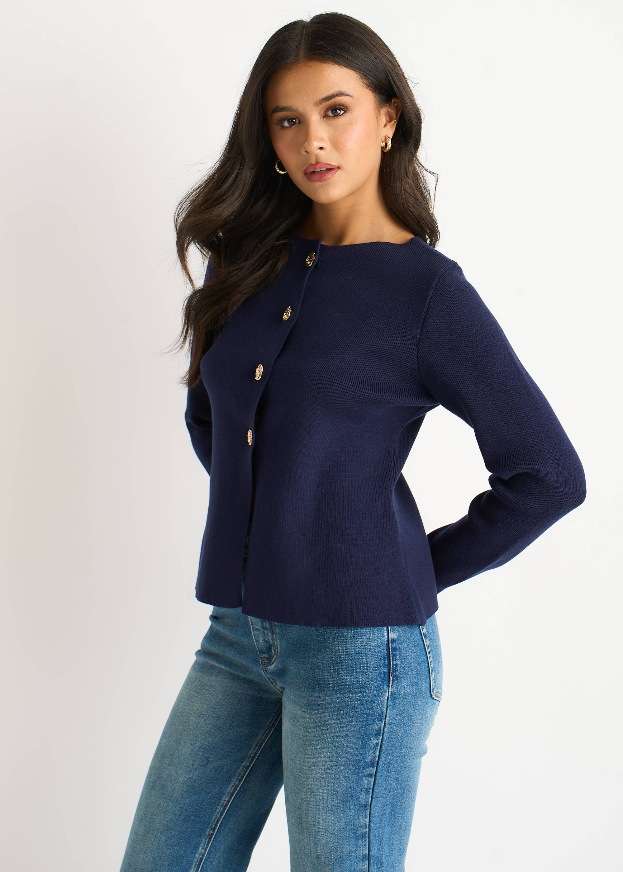 Navy Gold Buttons Ribbed Knit Cardigan
