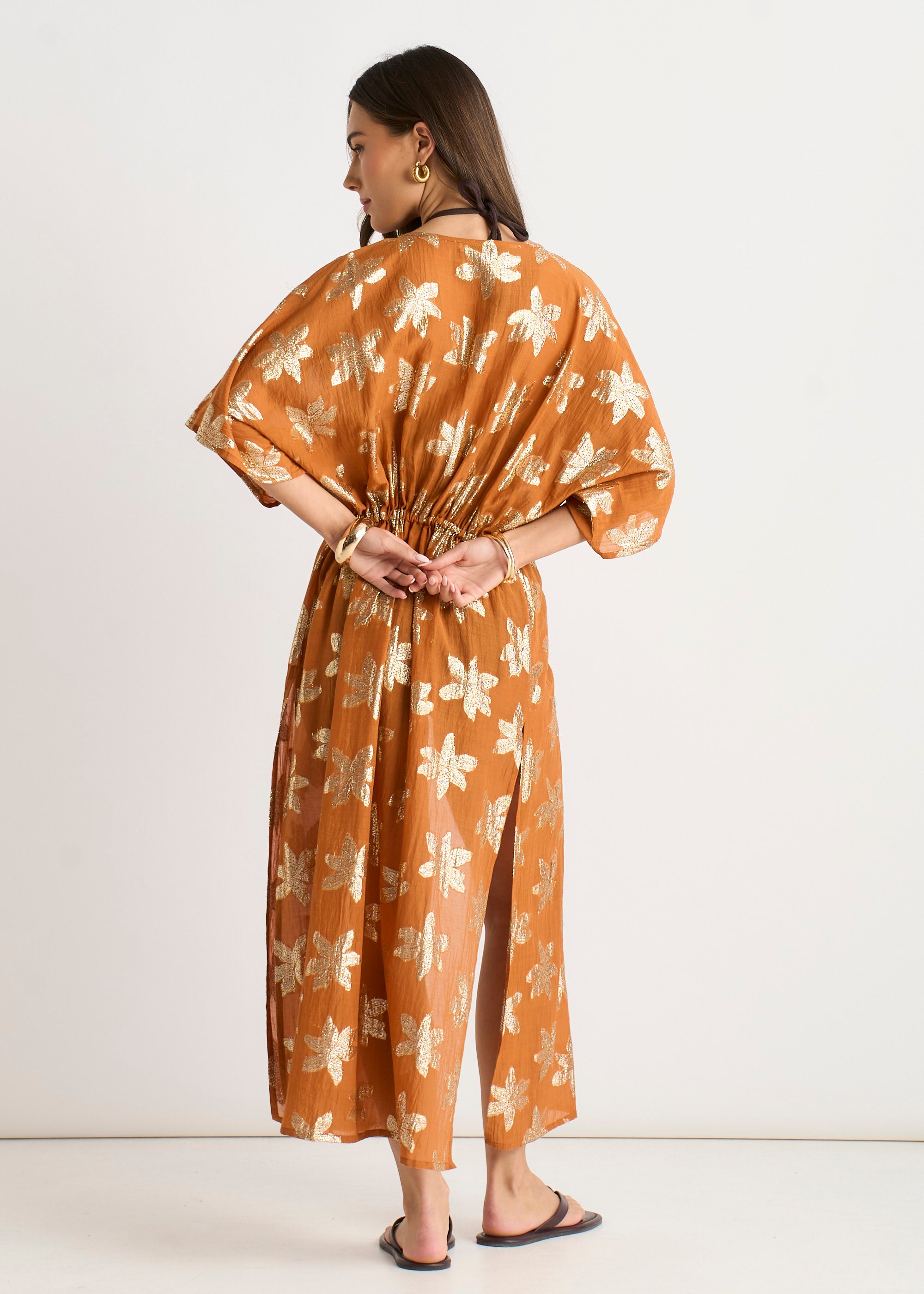 Orange Floral Lurex Tie Front Kaftan Kimono