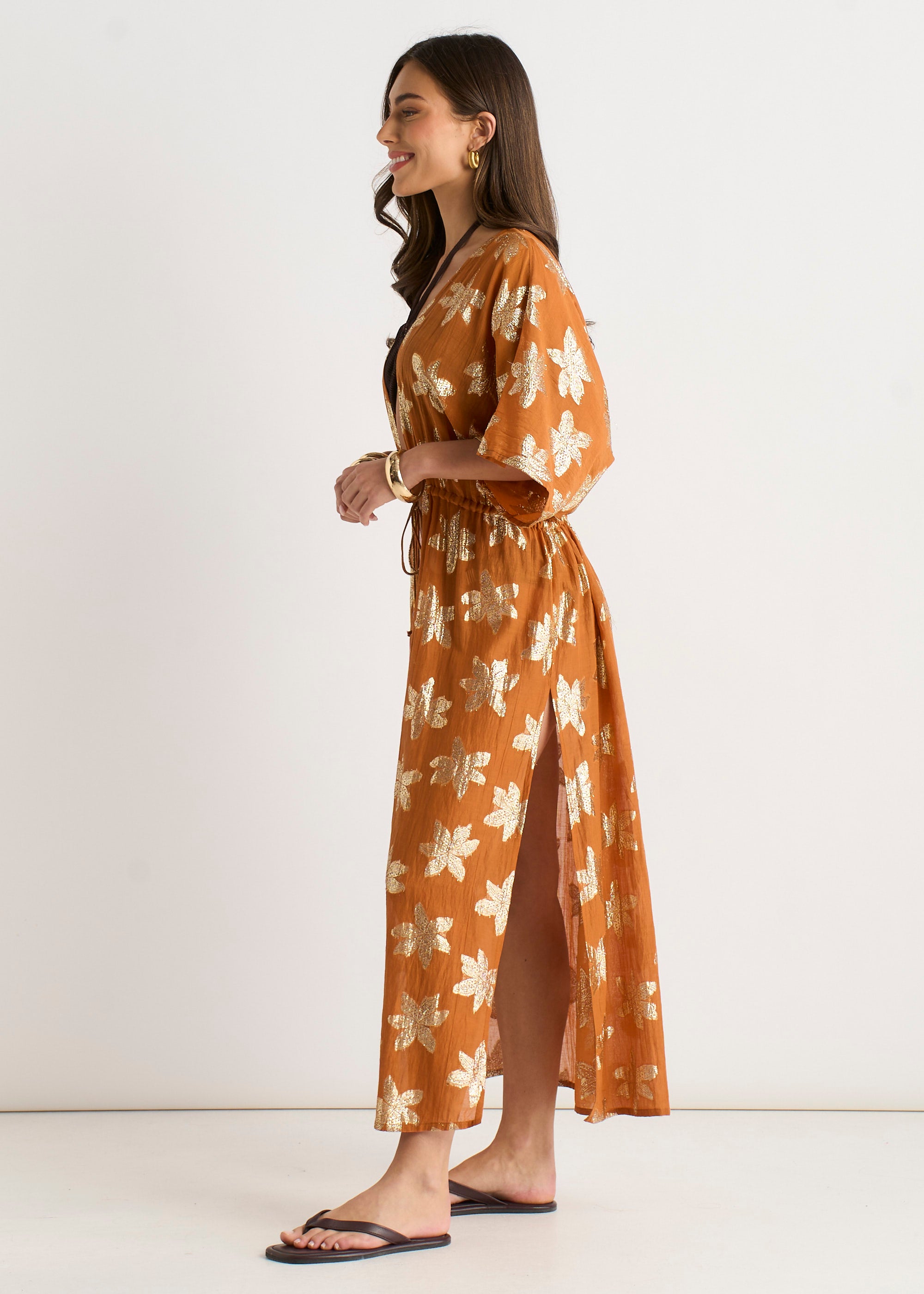 Orange Floral Lurex Tie Front Kaftan Kimono