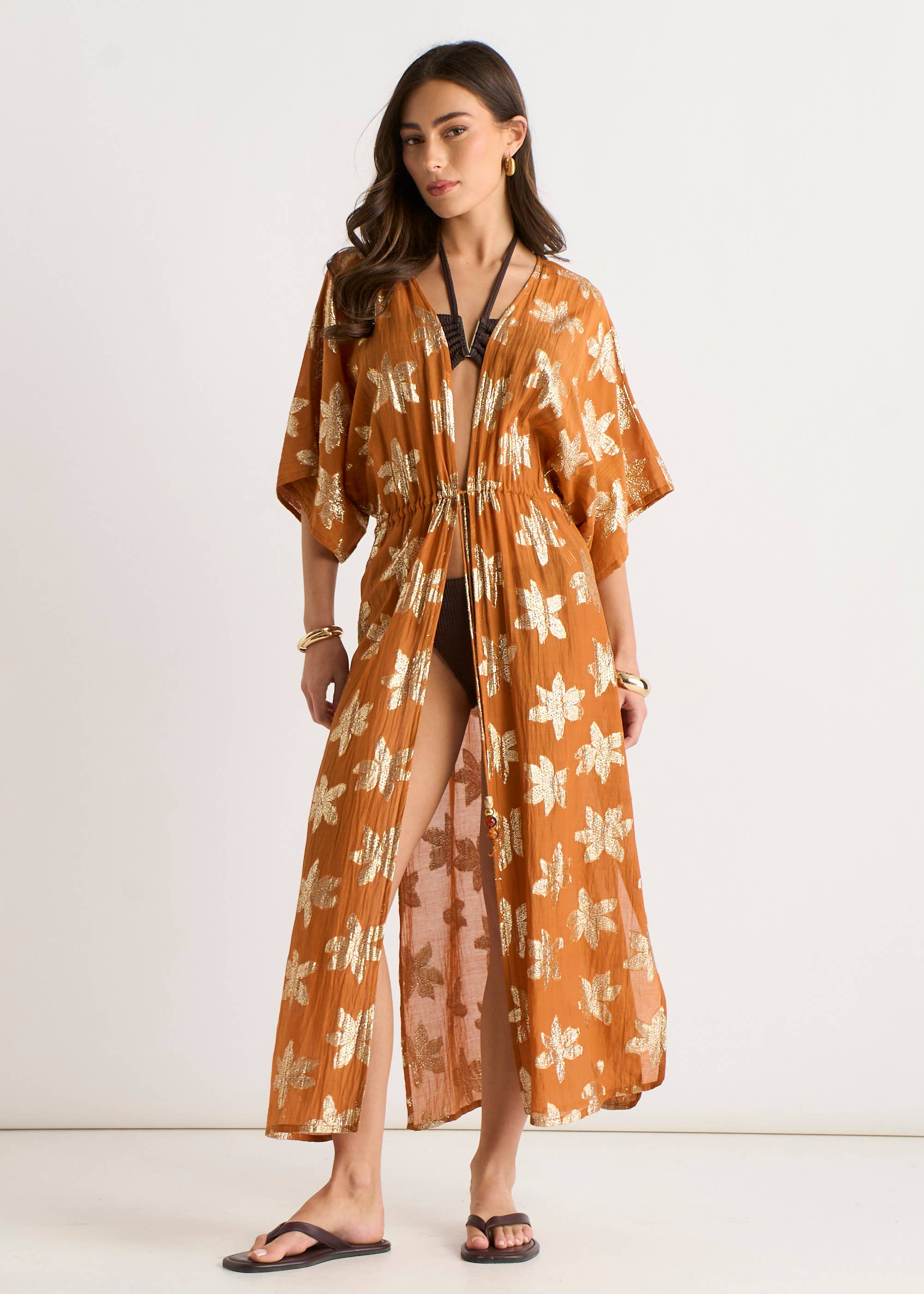 Orange Floral Lurex Tie Front Kaftan Kimono